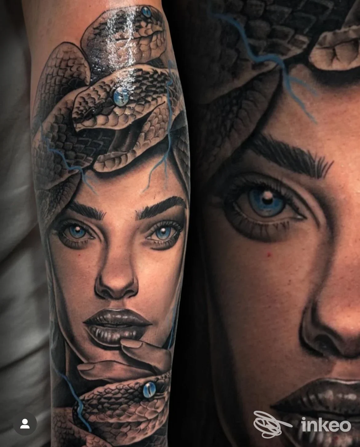 Tattoo realistico su pelle raffigurante volto femminile con serpente, colori scuri e dettagli precisi sulla parte inferiore del braccio.