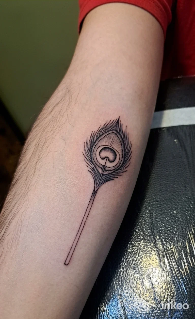 Braccio di una persona con un tatuaggio disegnato a inchiostro su pelle: una piuma con un’occhiata oculare nel centro, sfumato e sottile, realizzato sul dotto avambraccio.