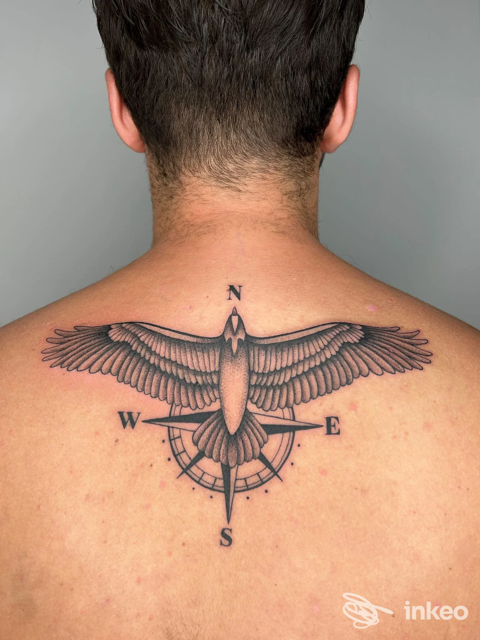 Tattoo sul dorso: ali ampie longitudinali con bussola e spada centrale, visibile tra le scapole, con tratto nero su pelle chiara.