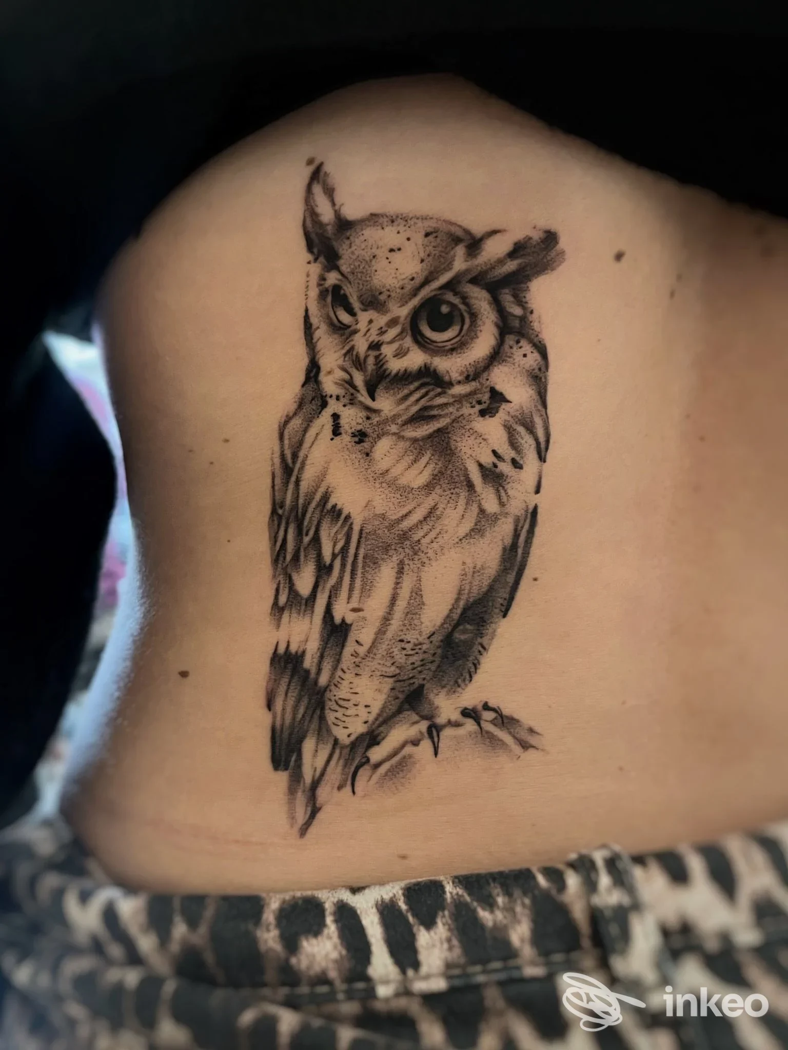 Tatuaggio realistico di un gufo su pelle della schiena, realizzato nello studio Orion Tattoo Studio a Montalto Uffugo.