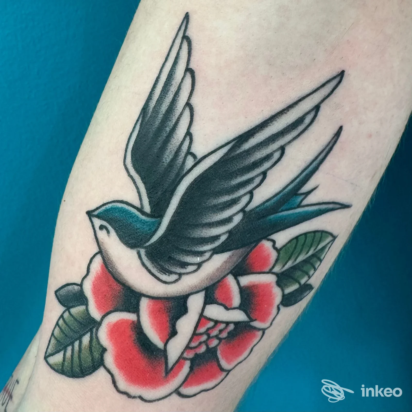Tatuaggio reale su pelle raffigurante un uccello in volo (usignolo) sopra una grande rosa rossa con foglie verdi, realizzato dal Bold Line Tattoo Studio, Scalo Ferroviario.