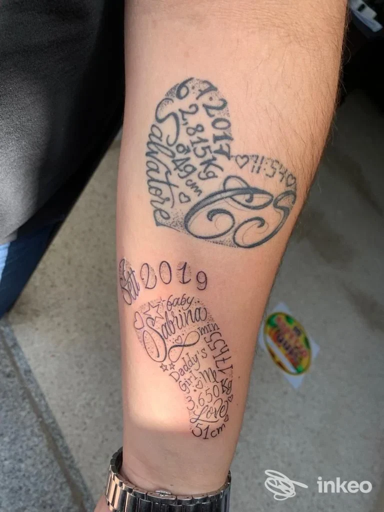 Tatuaggio visibile sul braccio: una composizione circolare con testi e numeri neri, accompagnata da altri schizzi testuali e una decorazione a filigrana. palmi, tatuaggio reale su pelle.