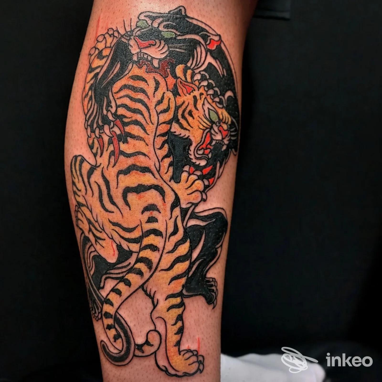 Tatuaggio tiger con stile tradizionale su gamba, colori vividi e contorni netti, visibile su pelle, senza volto né overlay social.