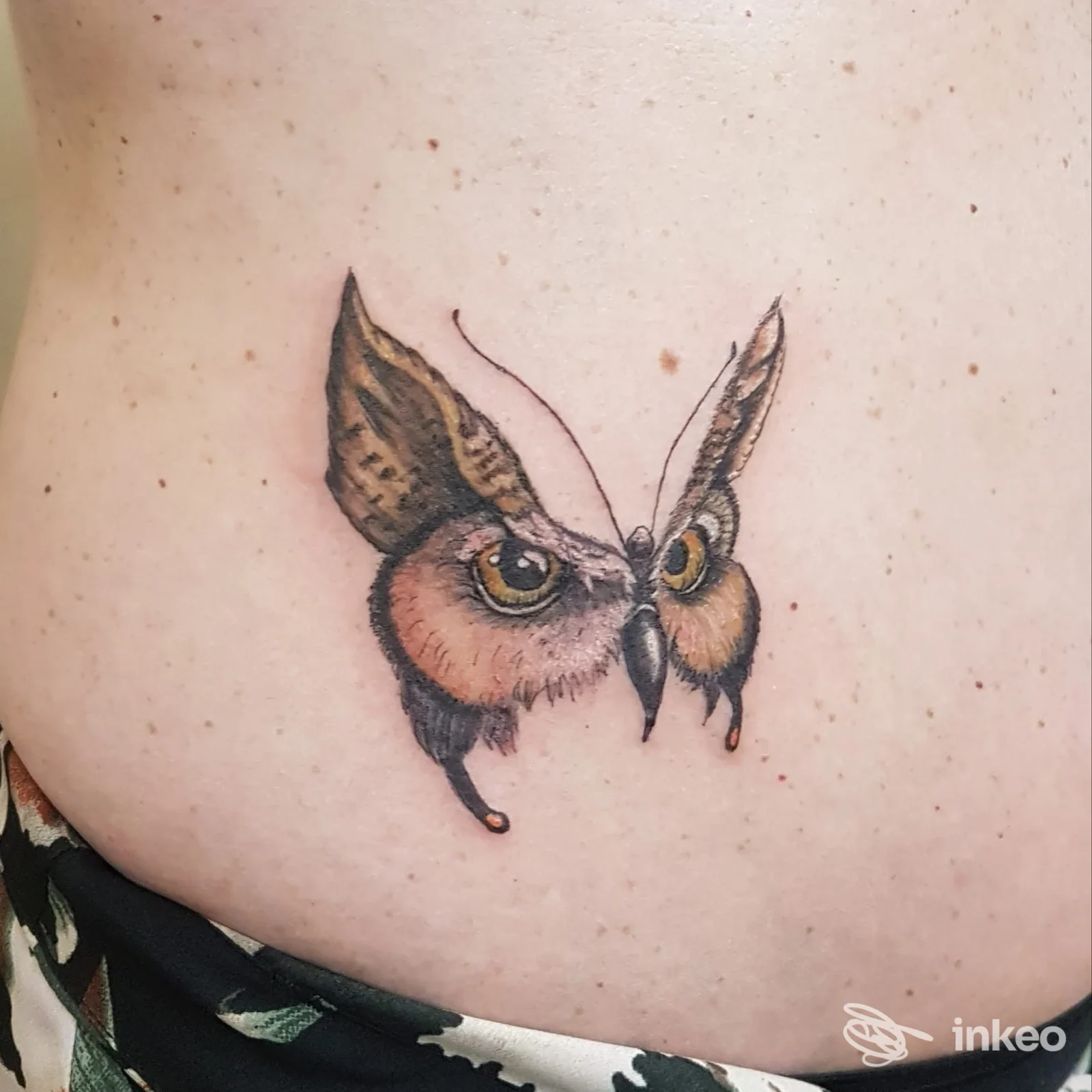 Tattoo raffigurante un gufo stilizzato, colorato con tonalità marroni e crema, situato sulla pelle della persona.