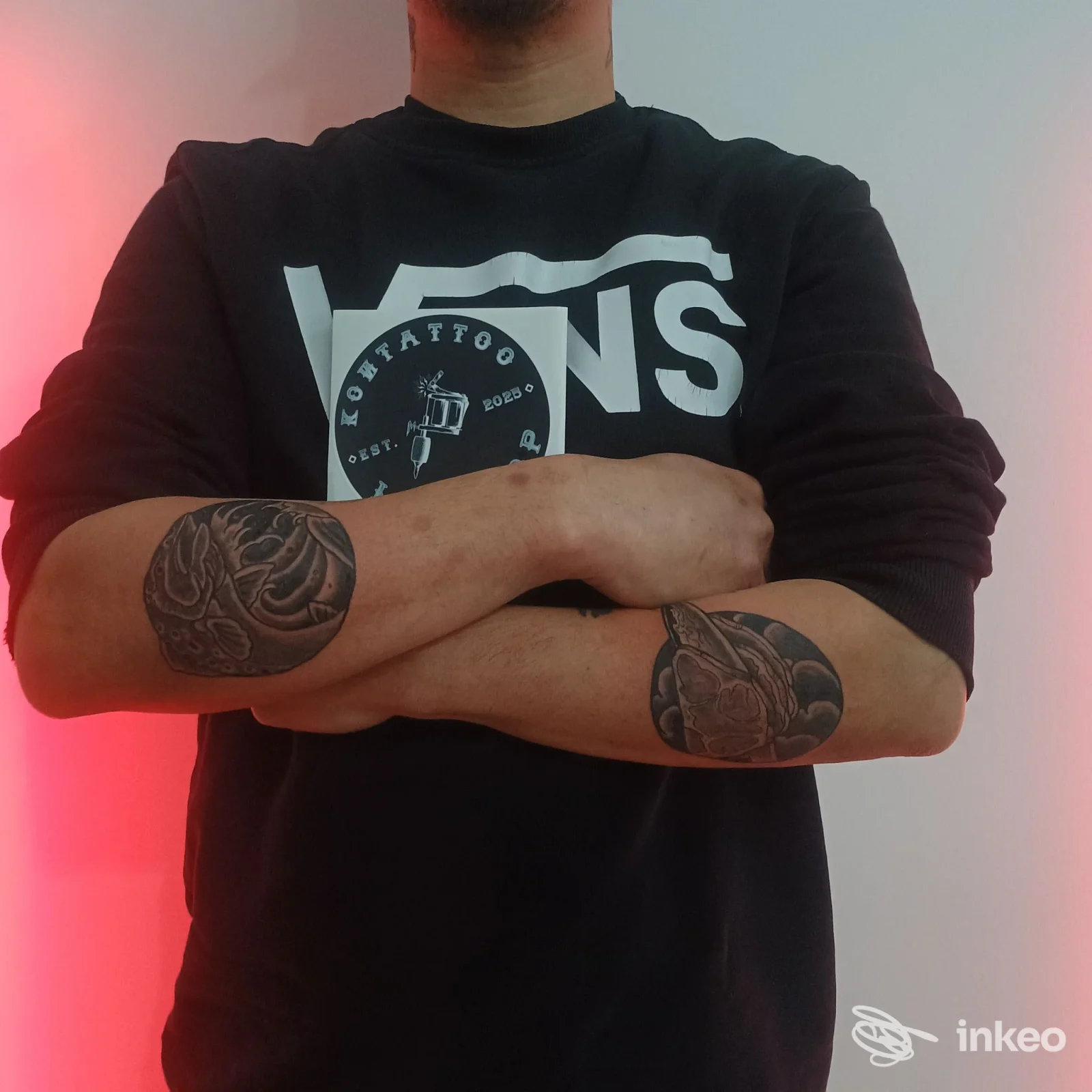 Immagine di un uomo con braccia incrociate, due tatuaggi sugli avambracci ben visibili; nessun volto mostrato.
