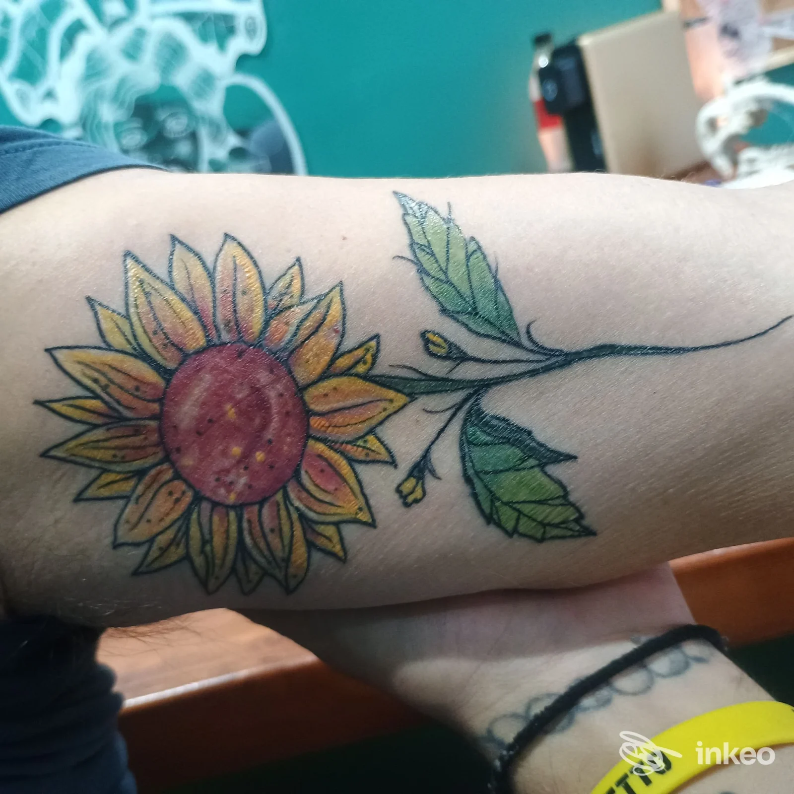 Tattoo visibile su avambraccio: grande girasole colorato con stelo e foglie, tatuaggio realistico su pelle chiara; sfondo di studio.