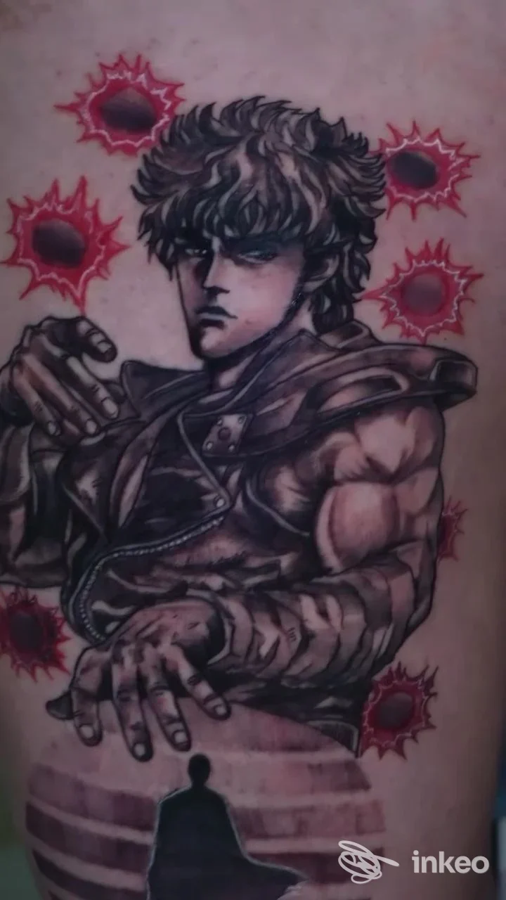 Tattoo su pelle raffigurante un personaggio muscoloso con capelli scompigliati, circondato da stelle rosse, realizzato dallo studio Outsider Ink a Cosenza.