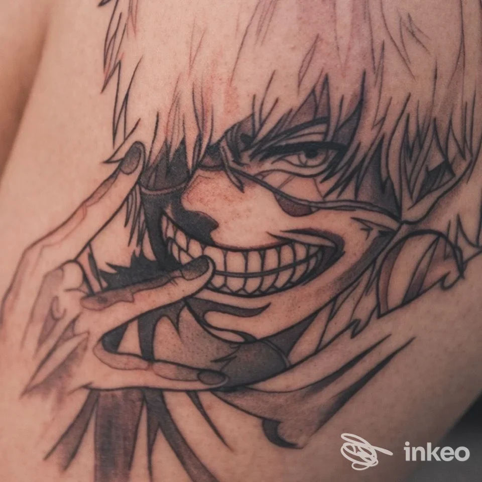 Tattoo stile grafico in bianco e nero su pelle di braccio, raffigurante una figura con sorriso largo e occhiali, scatti ravvicinato.