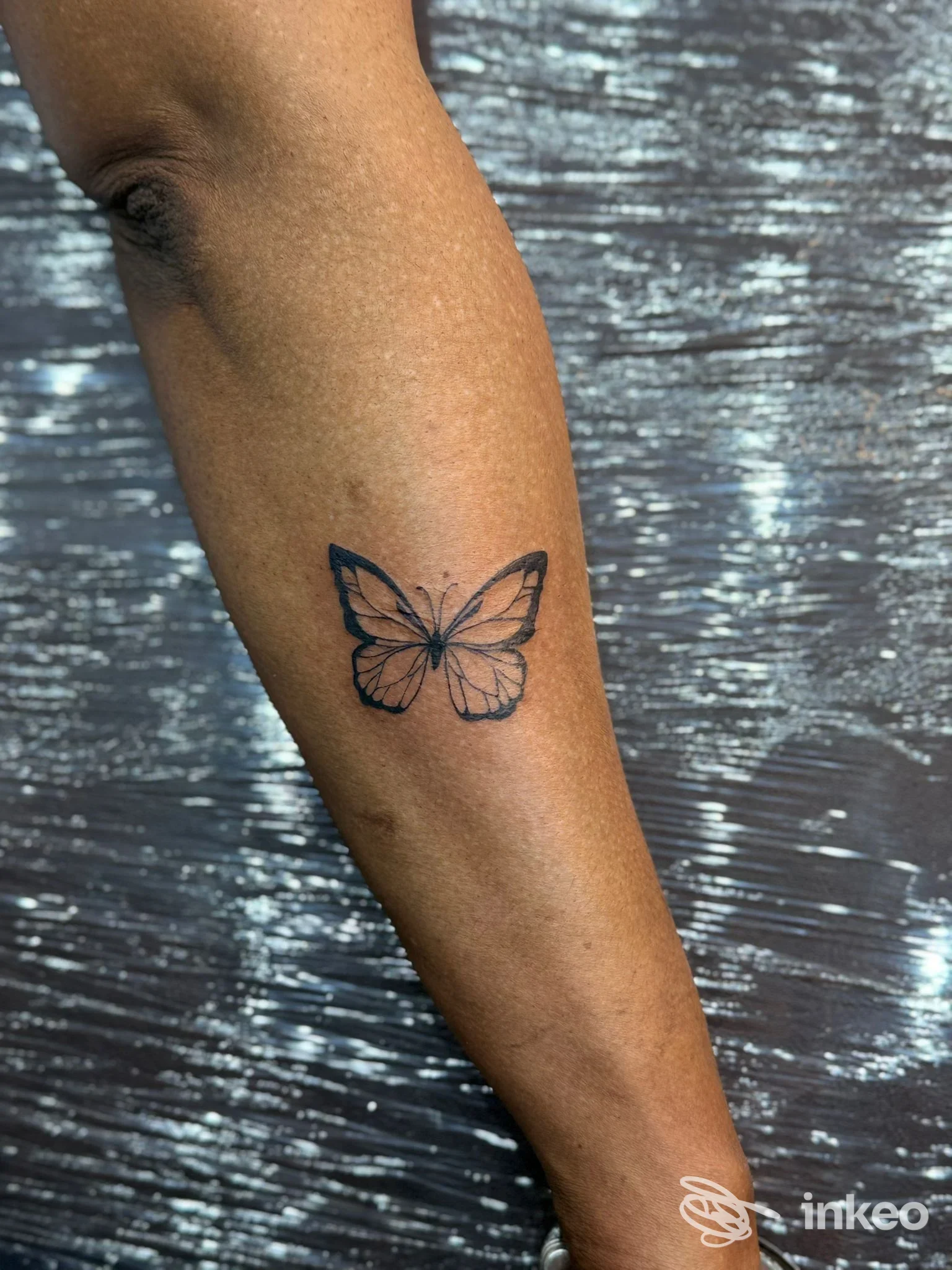 Tatuaggio su avambraccio: farfalla nera in stile linework, eseguito su pelle reale; studio Art Studio 69 a Cosenza.
