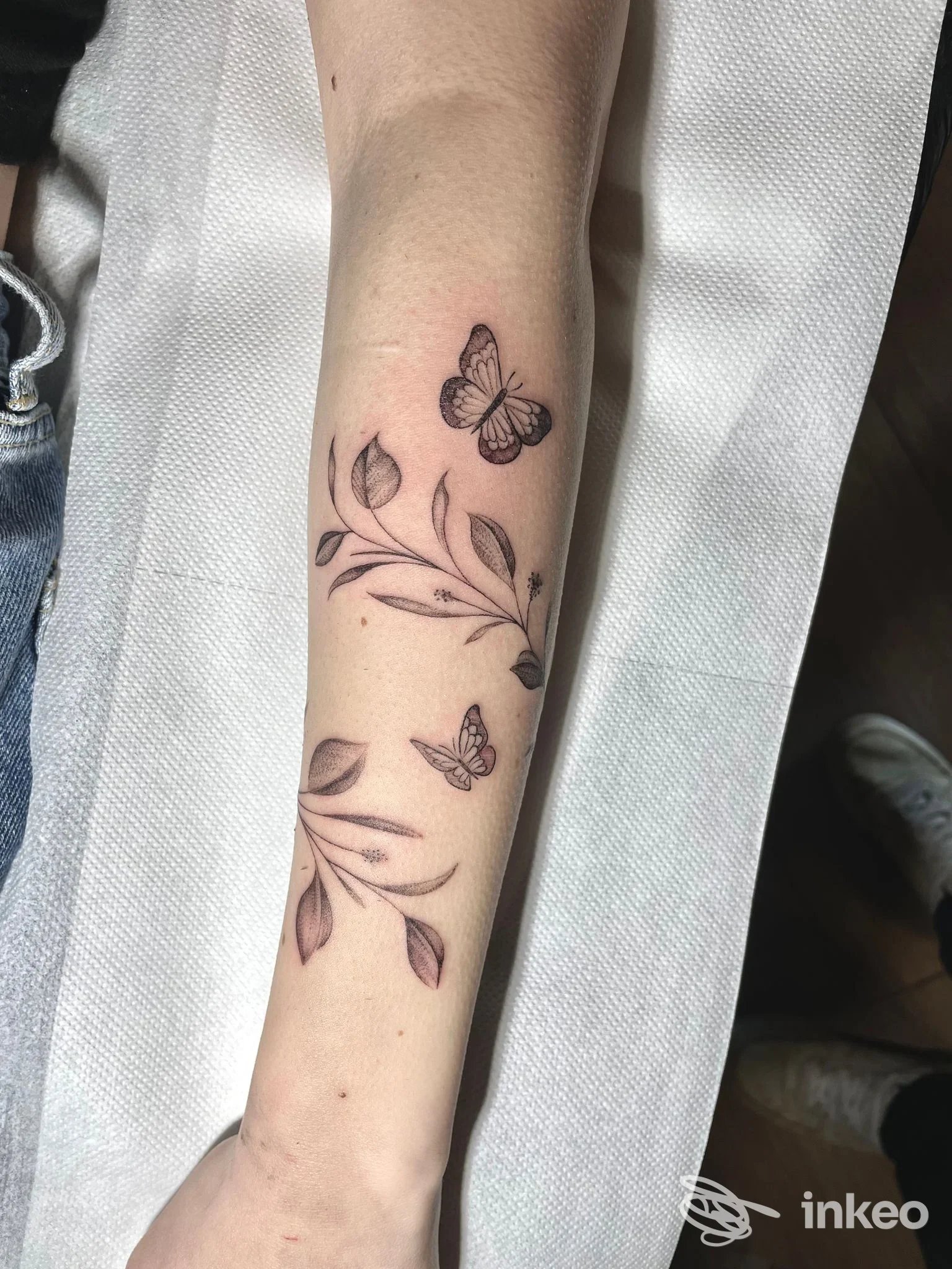 Avambraccio di una persona con tatuaggio nero raffigurante rametti e farfalle, dettagliate andature delle ali.