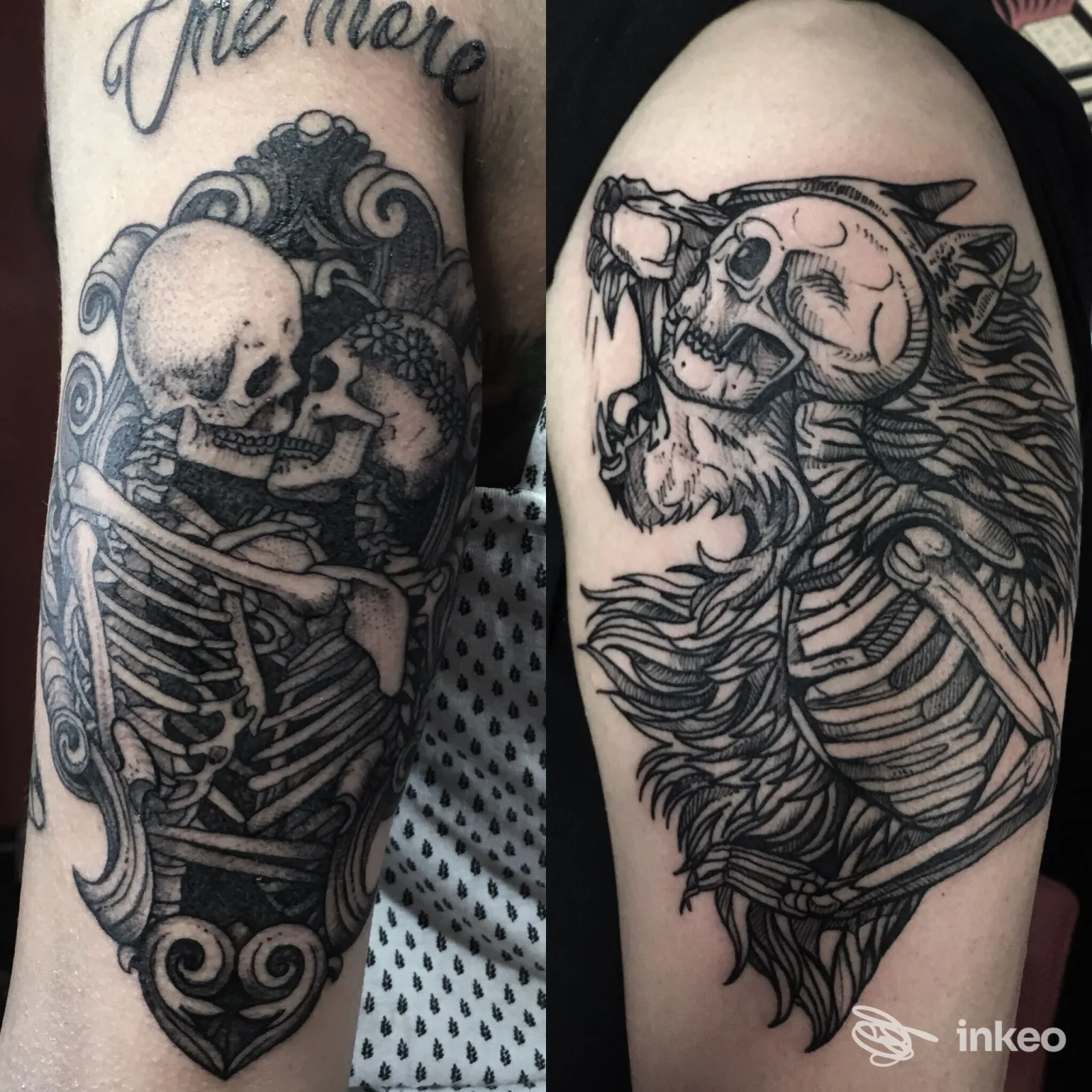 Due braccia tatuate in bianco e nero: sul braccio sinistro due scheletri che si abbracciano, sul braccio destro una testa di lupo scheletrizzata con criniera, entrambi i disegni in stile realistico e dettagliato.