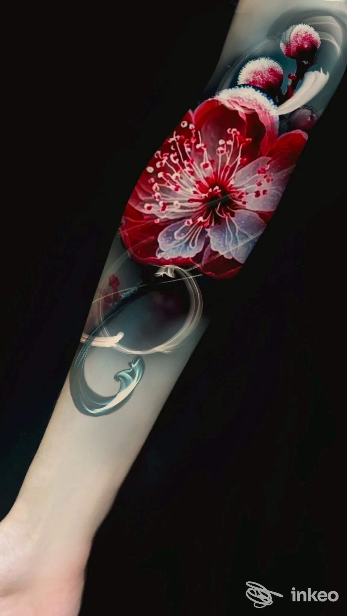 Tattoo sul braccio raffigurante un grande fiore rosso su sfondo scuro, con dettagli cromatici e sfumature, accompagnato da un elemento decorativo circolare in toni grigio-blu.