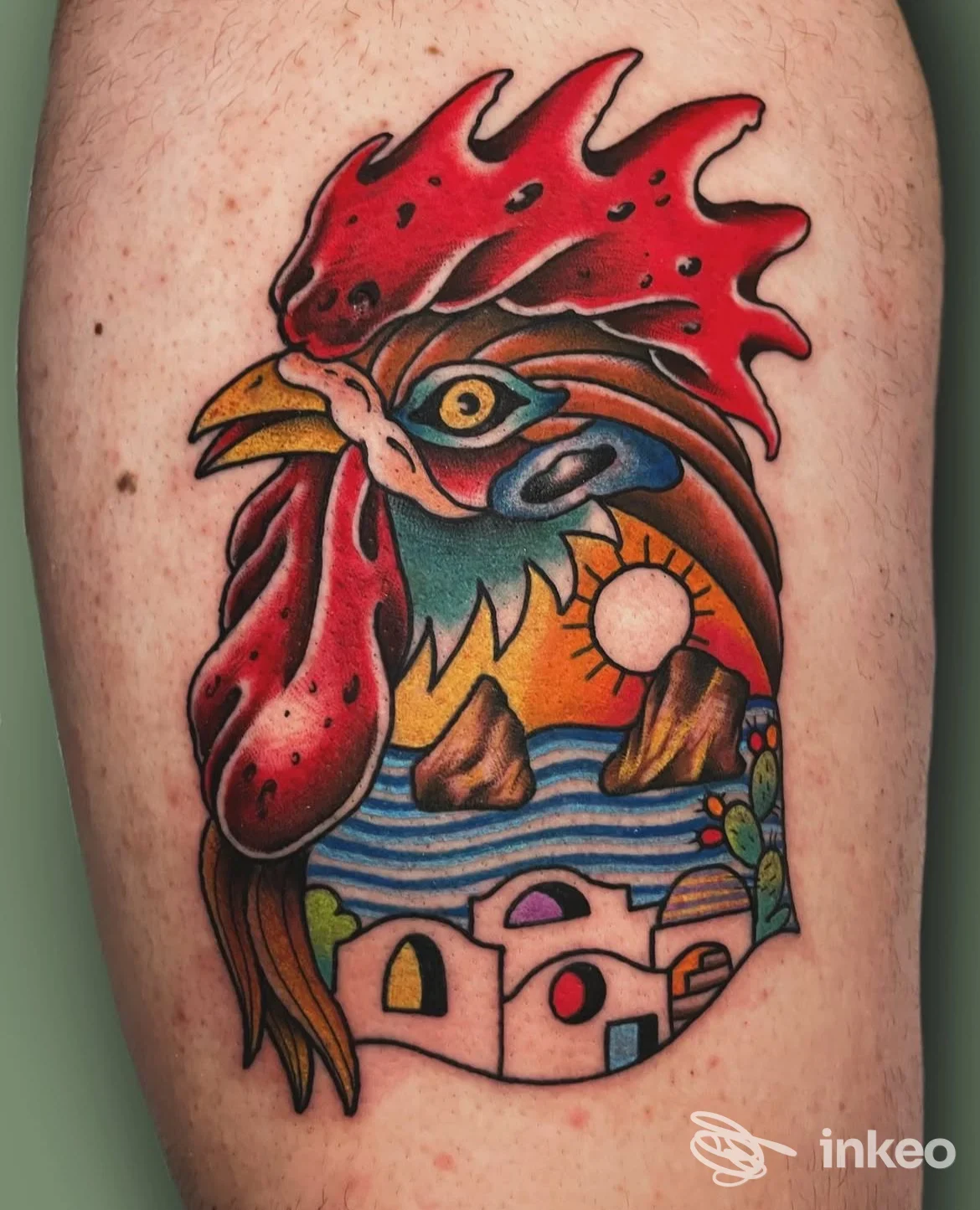 Tatuaggio colorato di un gallo con paesaggio marino e architettura, realizzato sulla pelle, realizzato nello studio Ikigaink Tattoos a Salerno.
