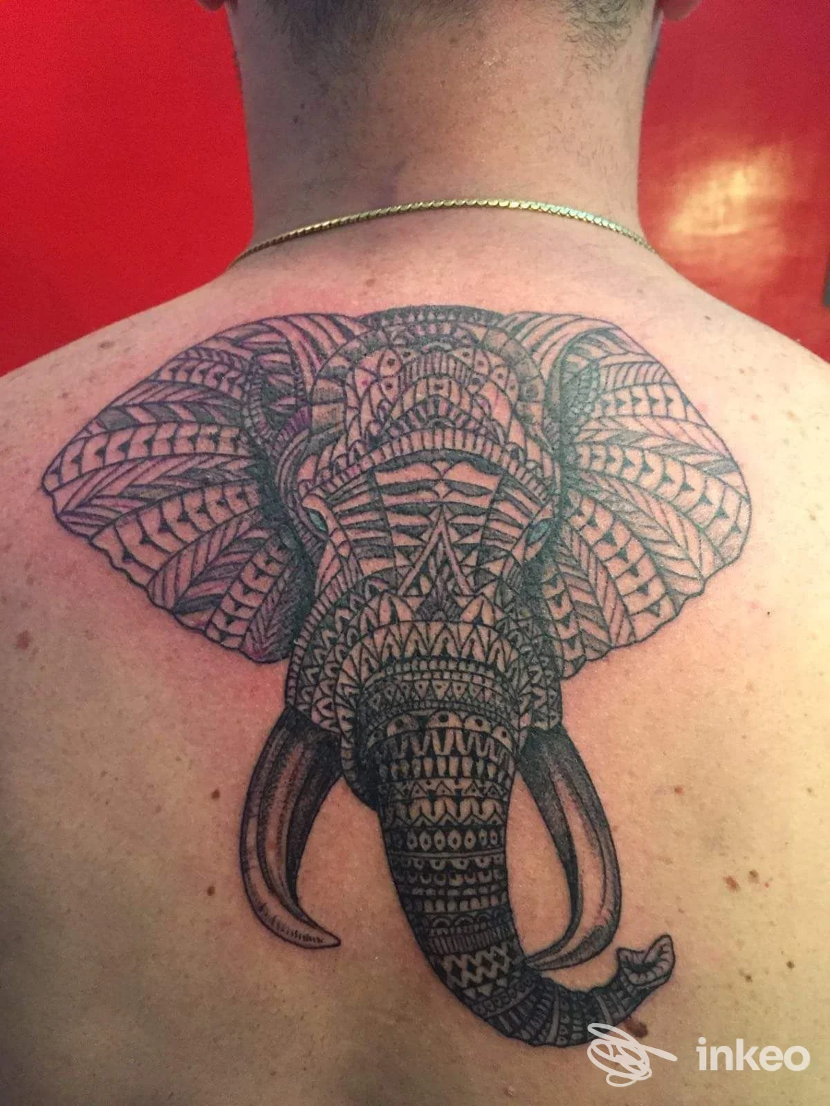 Tattoo sul dorso della schiena con elefante decorato da motivi geometrici, eseguito da Tattoo & Art a Sant'Agnello (NA).