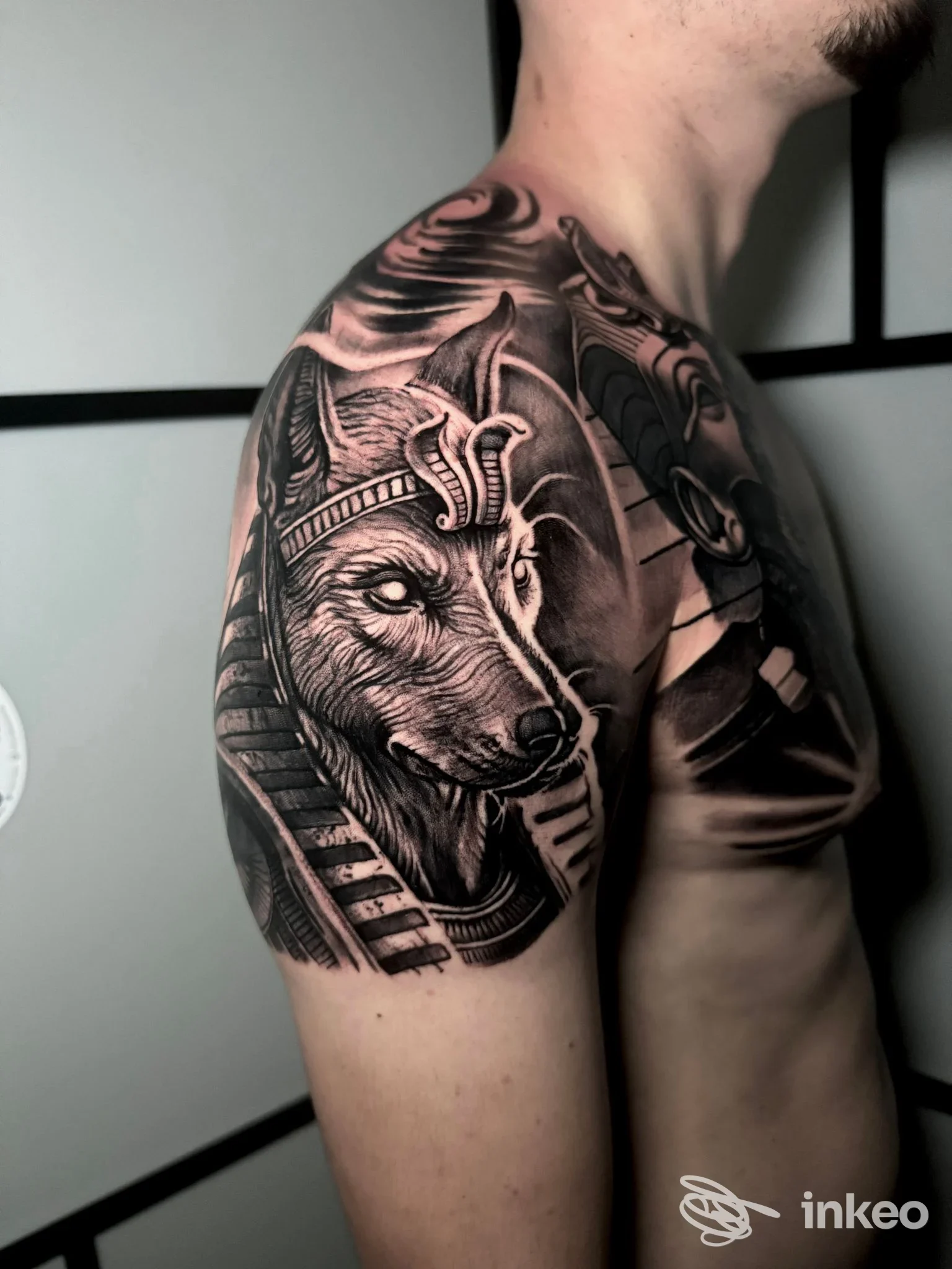 Braccio di una persona con tatuaggio realistico di lupo, dettagli in ombra nera e sfumature grigie sulla spalla e parte del braccio.