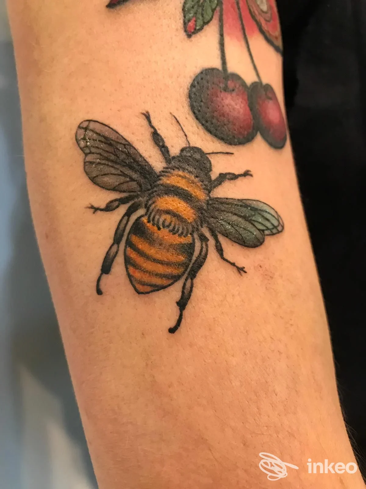 Ape tatuata su avambraccio, con ciliegie rosse sopra. Colori vividi e linee nette su pelle reale, nessun overlay o immagine di scena.