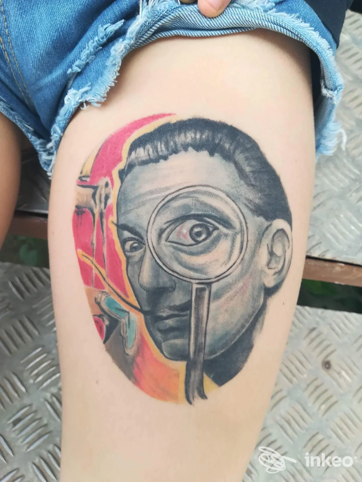 Tattoo visibile sul polpaccio raffigurante un volto stilizzato con lente d'ingrandimento, colori neri, grigi e accenti rossi, su pelle luminosa.