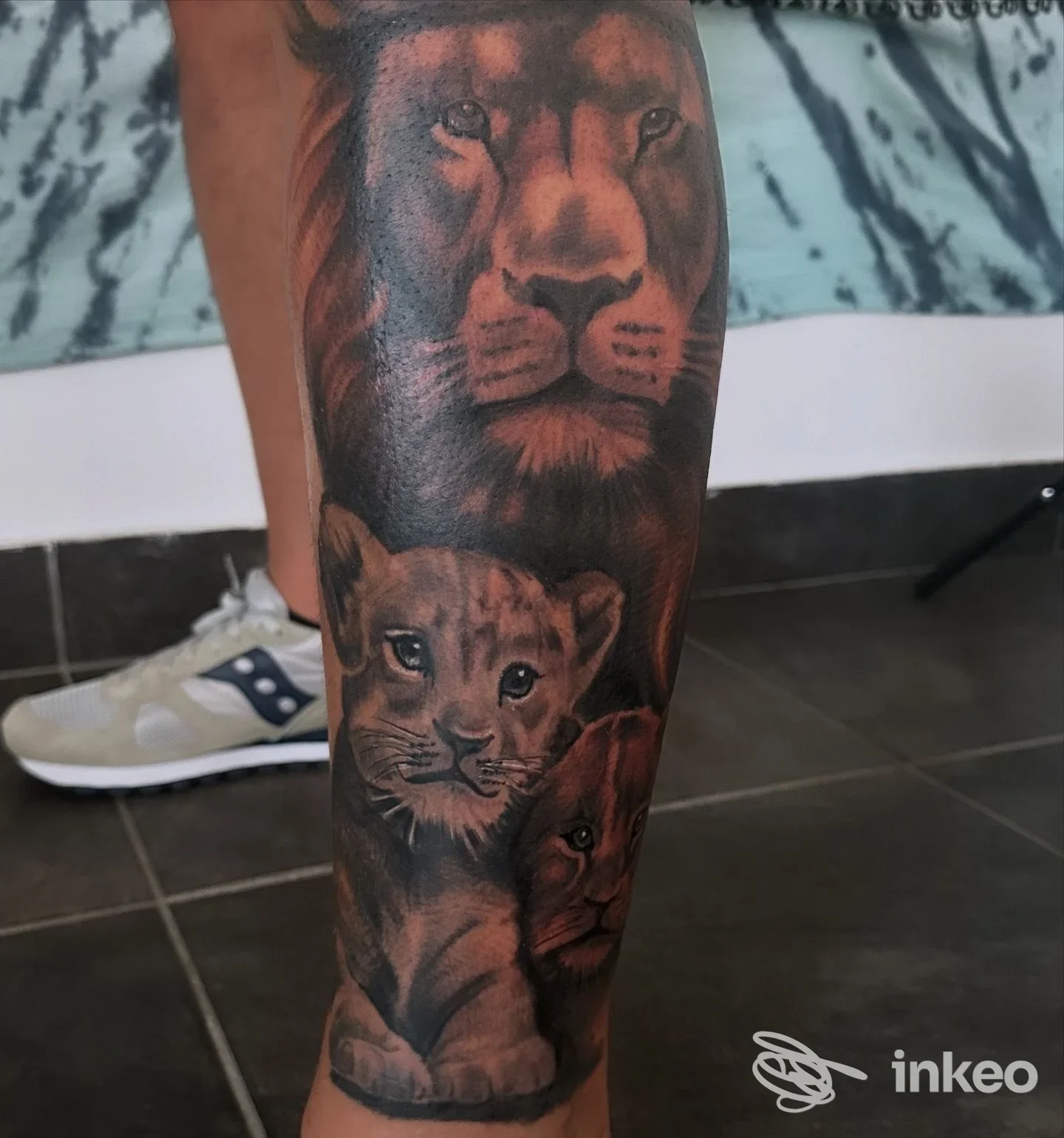 Tattoo realistico su gamba raffigurante un leone adulto e due cuccioli, colori scuri e sfumature hued. eseguito sulla pelle.