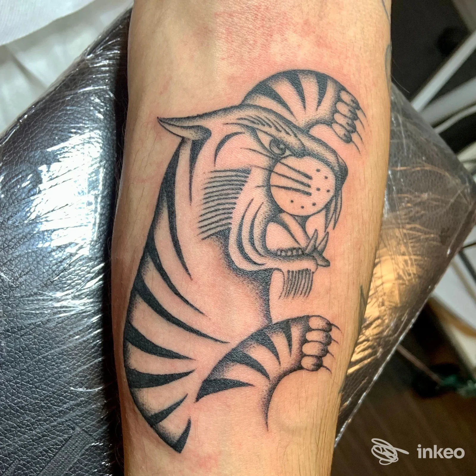 Tatuaggio su pelle visibile: tigre in stile linework su avambraccio, tratto nero ben definito, senza volto visibile.