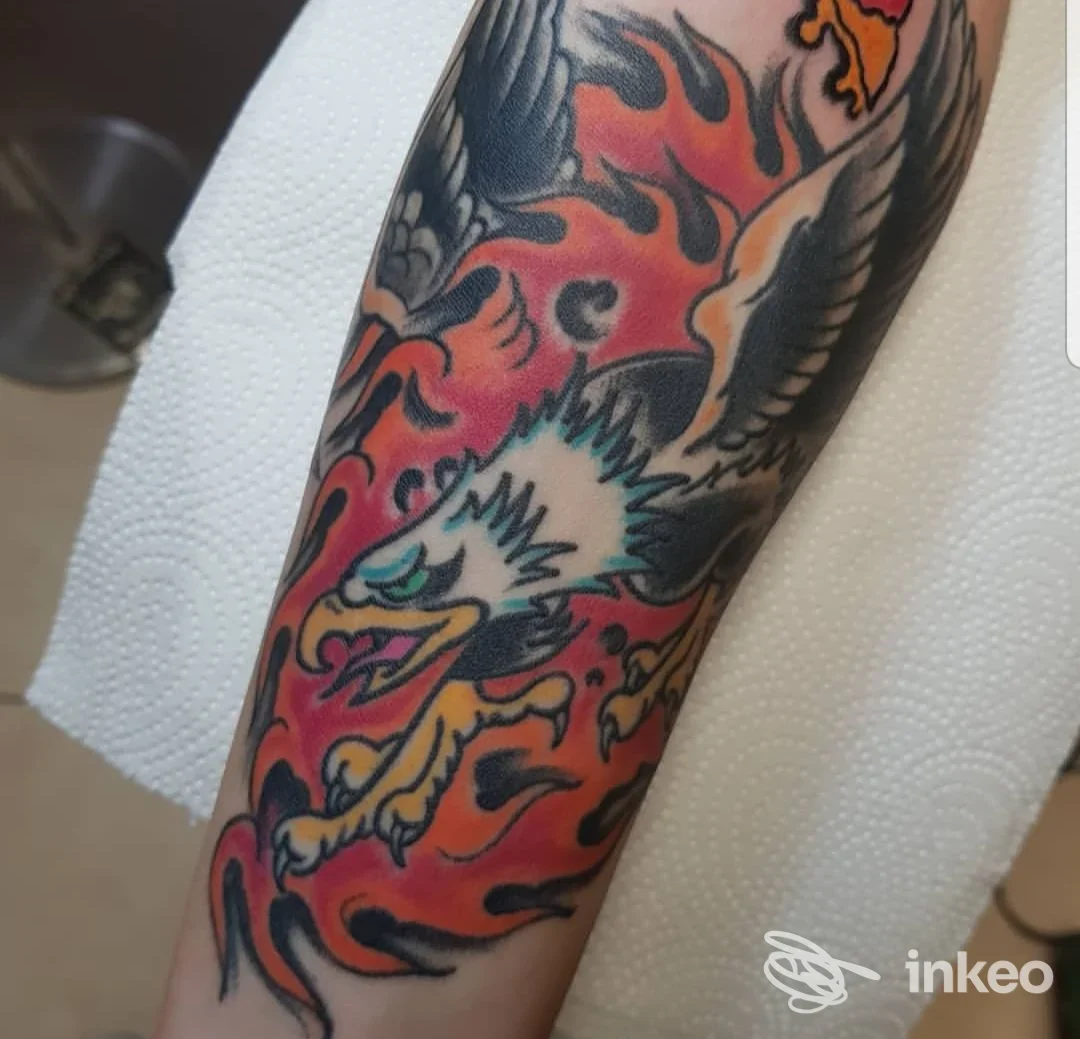 Studio Steel Tattoos Club, Santa Maria Capua Vetere: tatuaggio sull’avambraccio raffigurante fuoco rosso e uccello con contorni neri, colori vividi e linee nette.