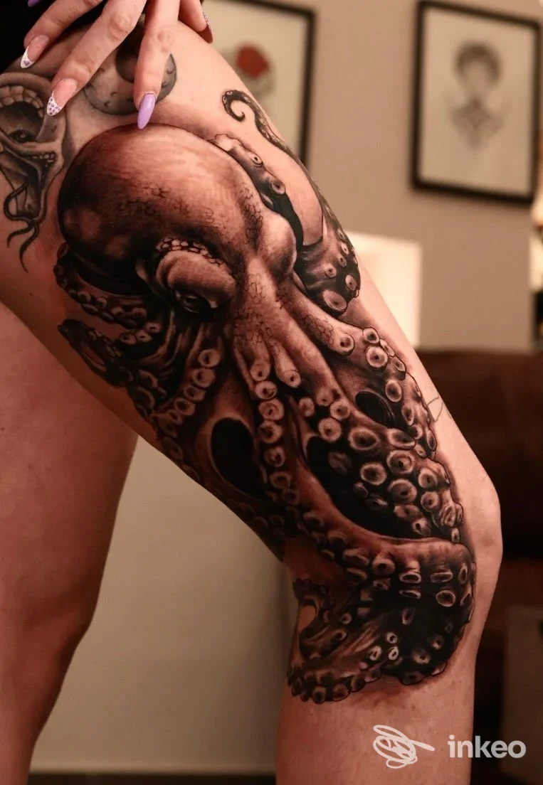 Tattoo realistico su gamba raffigurante tentacolo di polpo, realizzato direttamente sulla pelle, con dettagli in bianco e nero.
