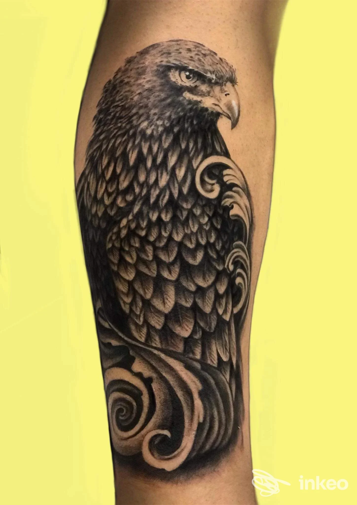 Tattoo realistico di un'aquila sull'avambraccio, realizzato sulla pelle; studio Elisir 18A.