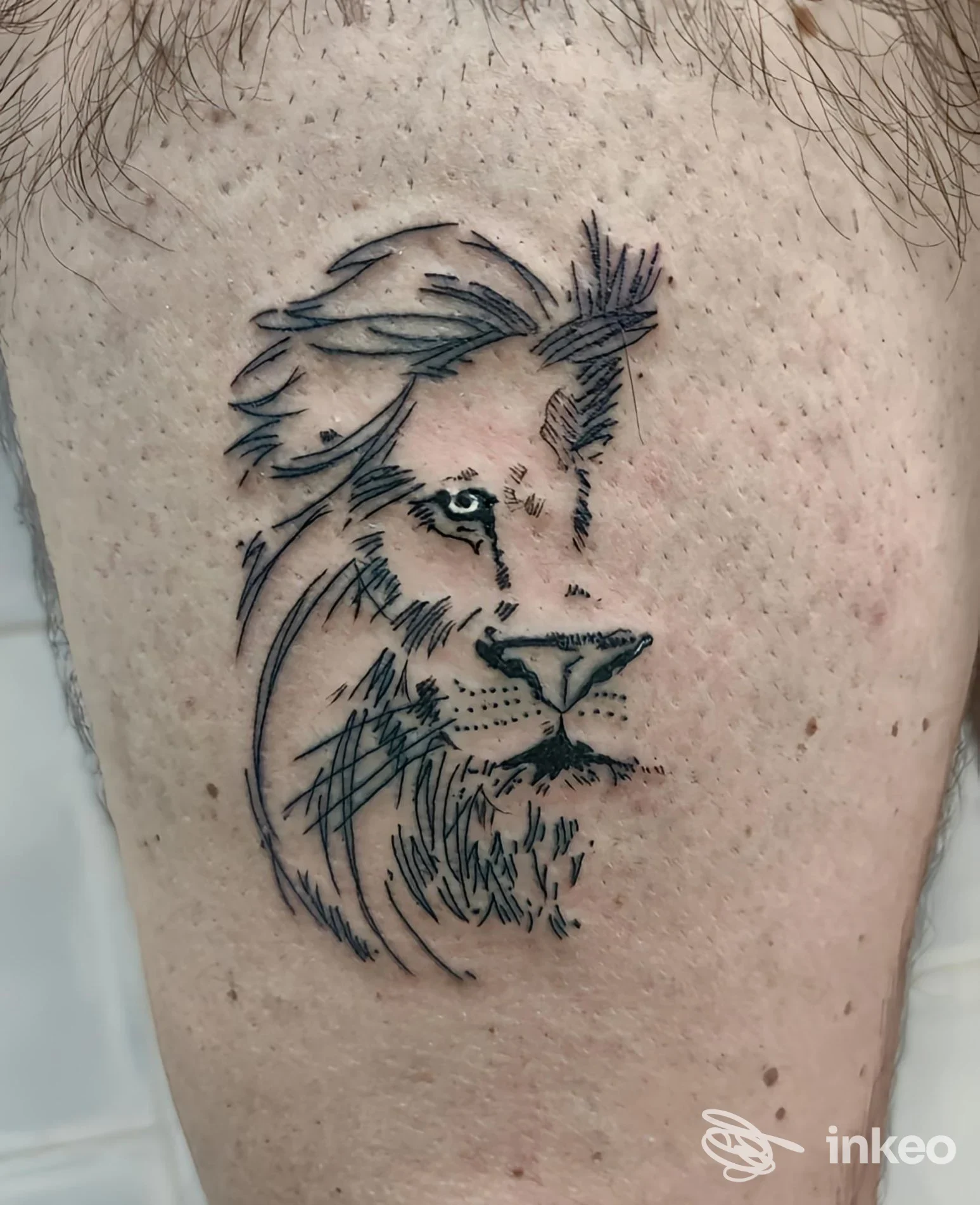 Tattoo in stile linework di un leone sulla pelle, visibile su braccio/nuca, senza elementi di interfaccia sociale o schermi, realizzato su corpo. Studio Luka’s Tattoo Piercing, Napoli.