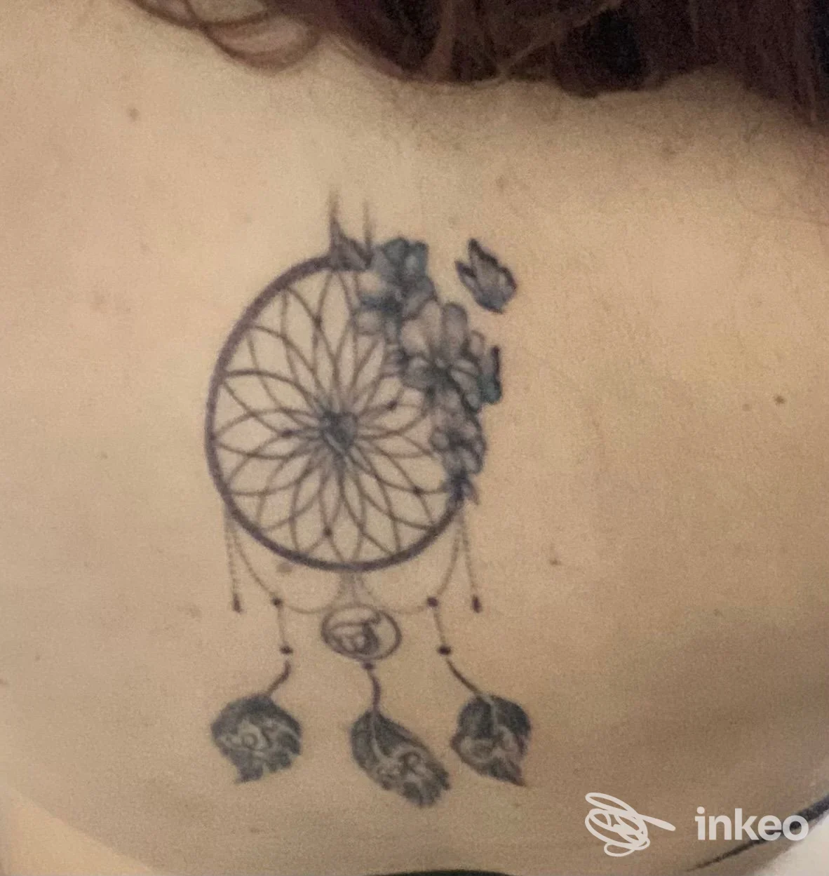Tattoo su pelle raffigurante un dreamcatcher con piume, visibile sulla spalla/posteriore, linea sottile e dettagli neri.