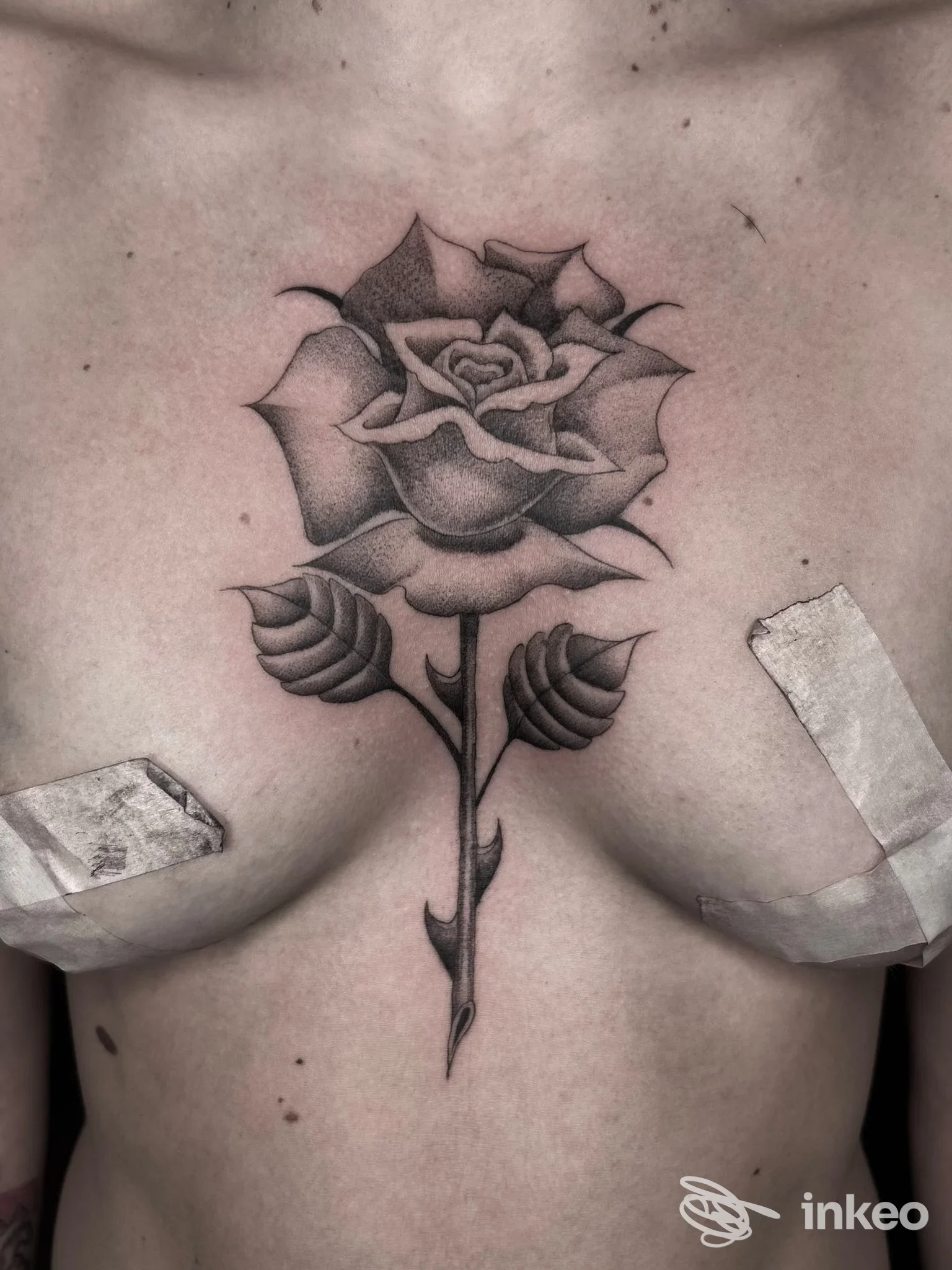 Tattoo a rose details sul petto, con gambo e foglie, eseguito sulla pelle, nessun volto visibile; due cerotti coprono delicatamente le aree laterali.