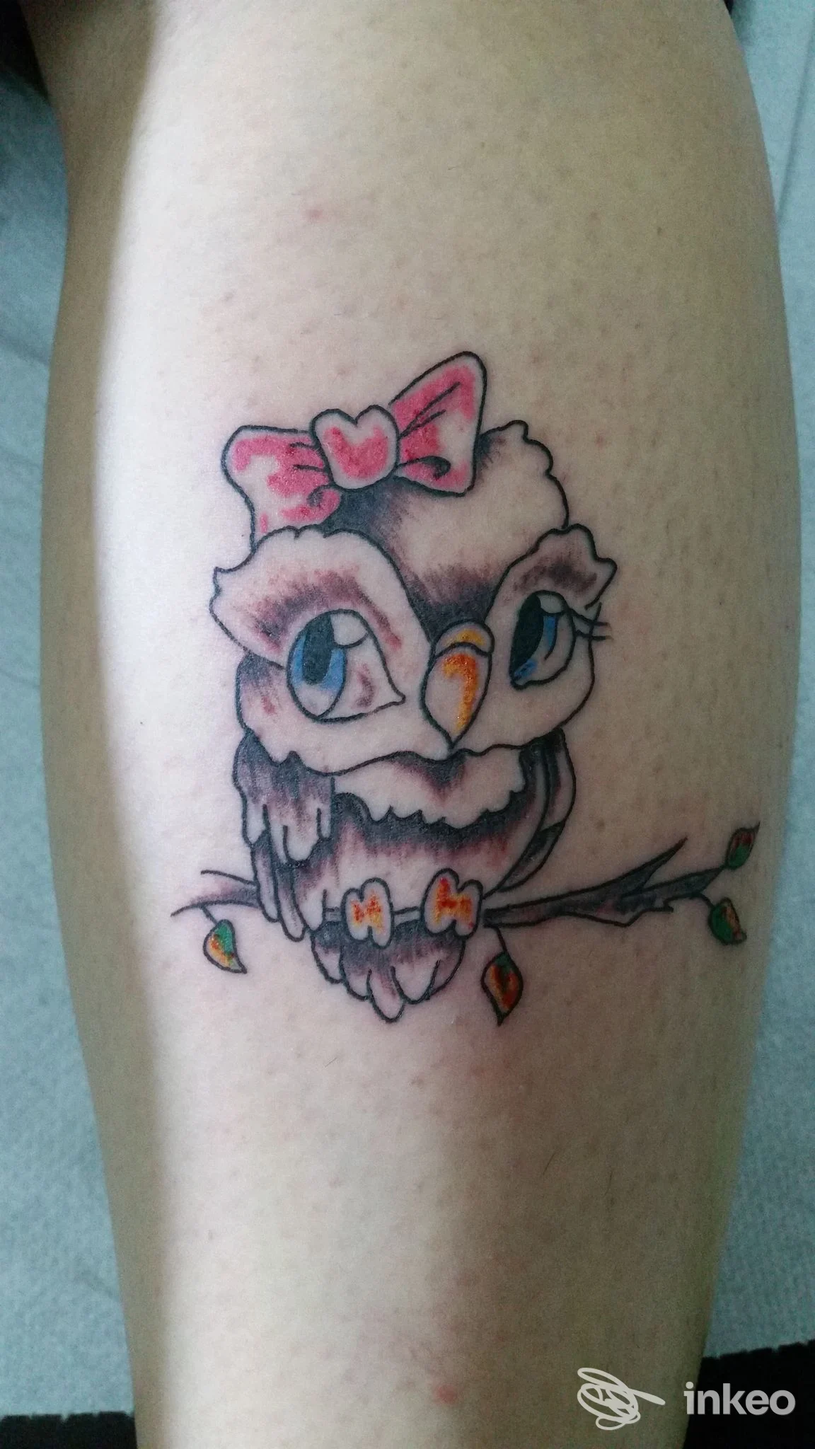 Tattoo a colori di un gufo su pelle, con fiocco rosa sulla testa e ramo con foglie; visibile braccio, colori vivaci.