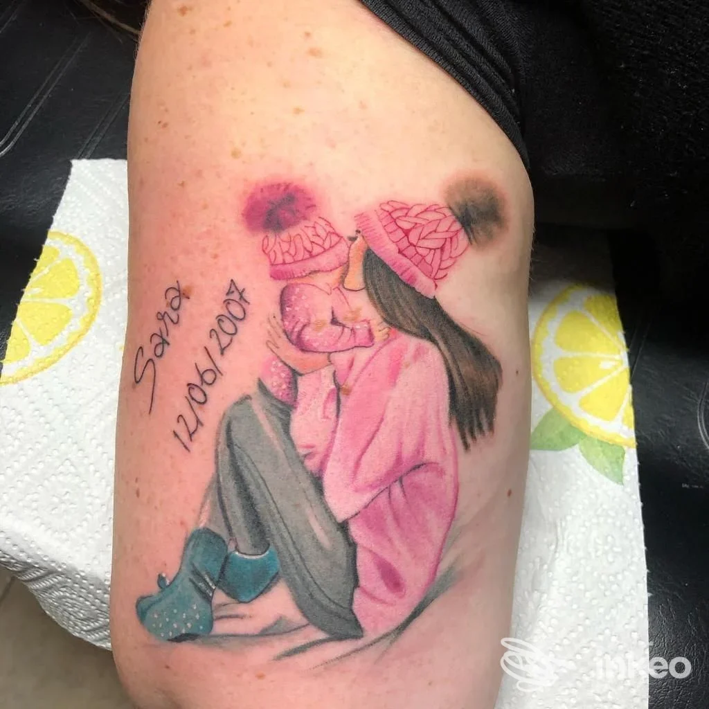 Tattoo colorato su avambraccio raffigurante una coppia che si abbraccia, con cappelli rosa e abiti rosa; testo scritto a lato.