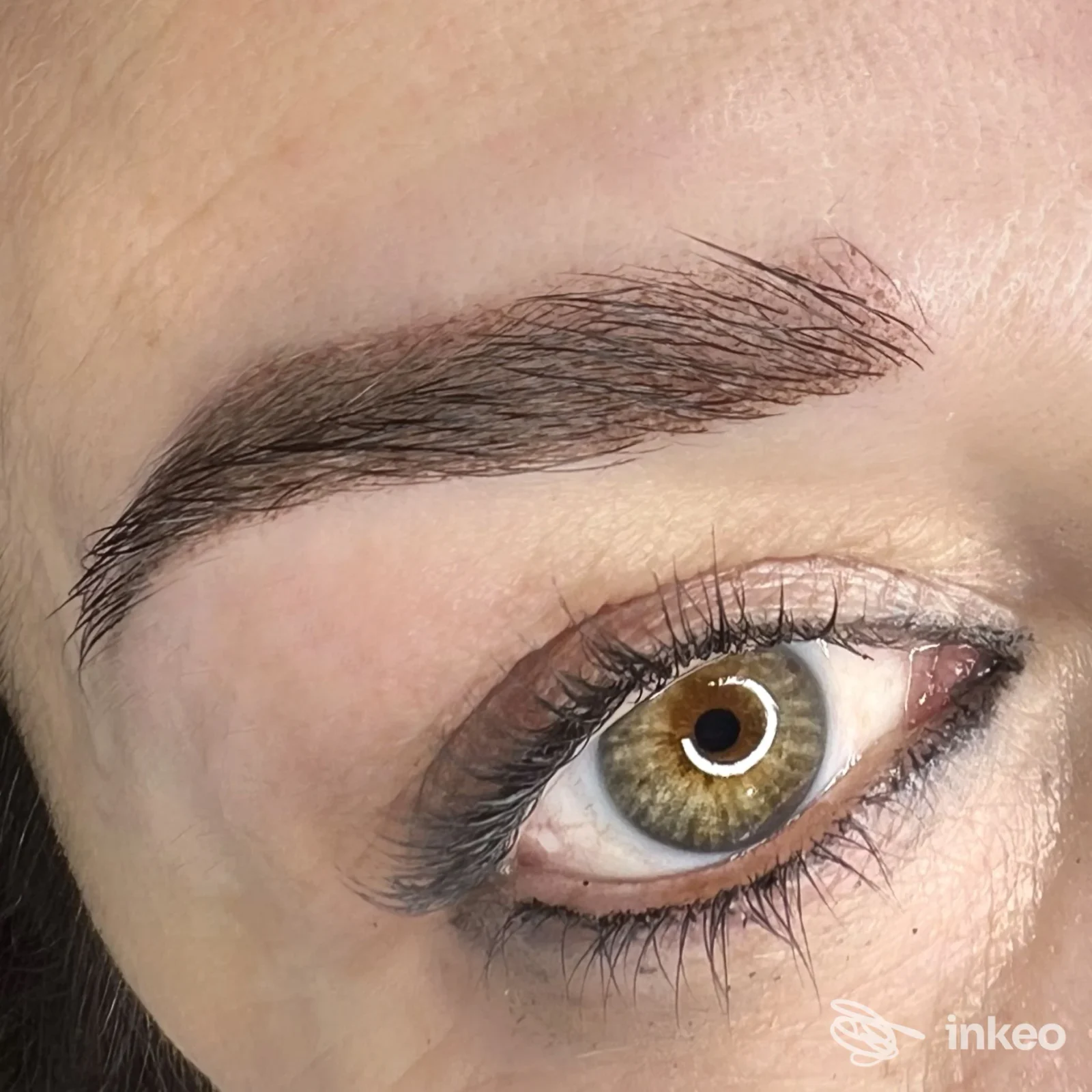 Sopracciglio tatuato/microblading visibile su pelle, pigmentazione marrone ben definita intorno all’occhio; ritratto parziale del viso in stile primo piano. Napoli, Danila Farina.