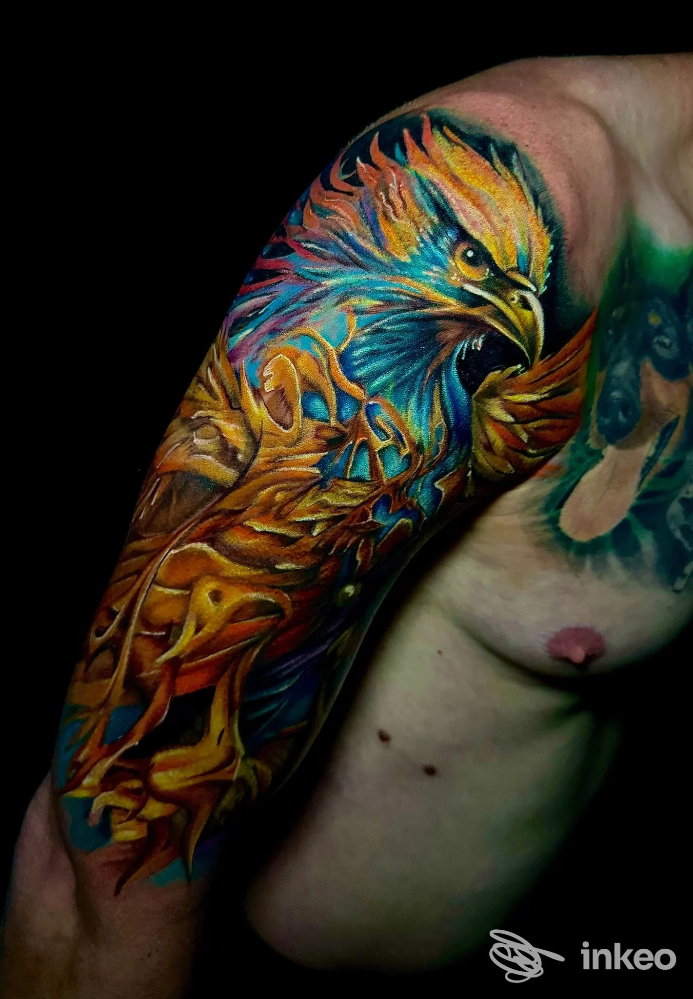 Tattoo colorato su braccio raffigurante un uccello e scene fantasy, visibile parte del petto; colori vividi e linee definite, nello studio Nexus Tattoo Studio di Pignataro Maggiore.