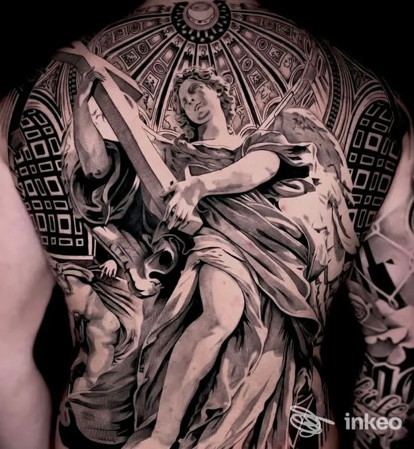 Tattoo realistico su pelle nuda raffigurante una figura angelica con ali e rosoni, realizzato su parte del busto/posteriore. tonalità in bianco e nero con dettagli e ombre marcate.