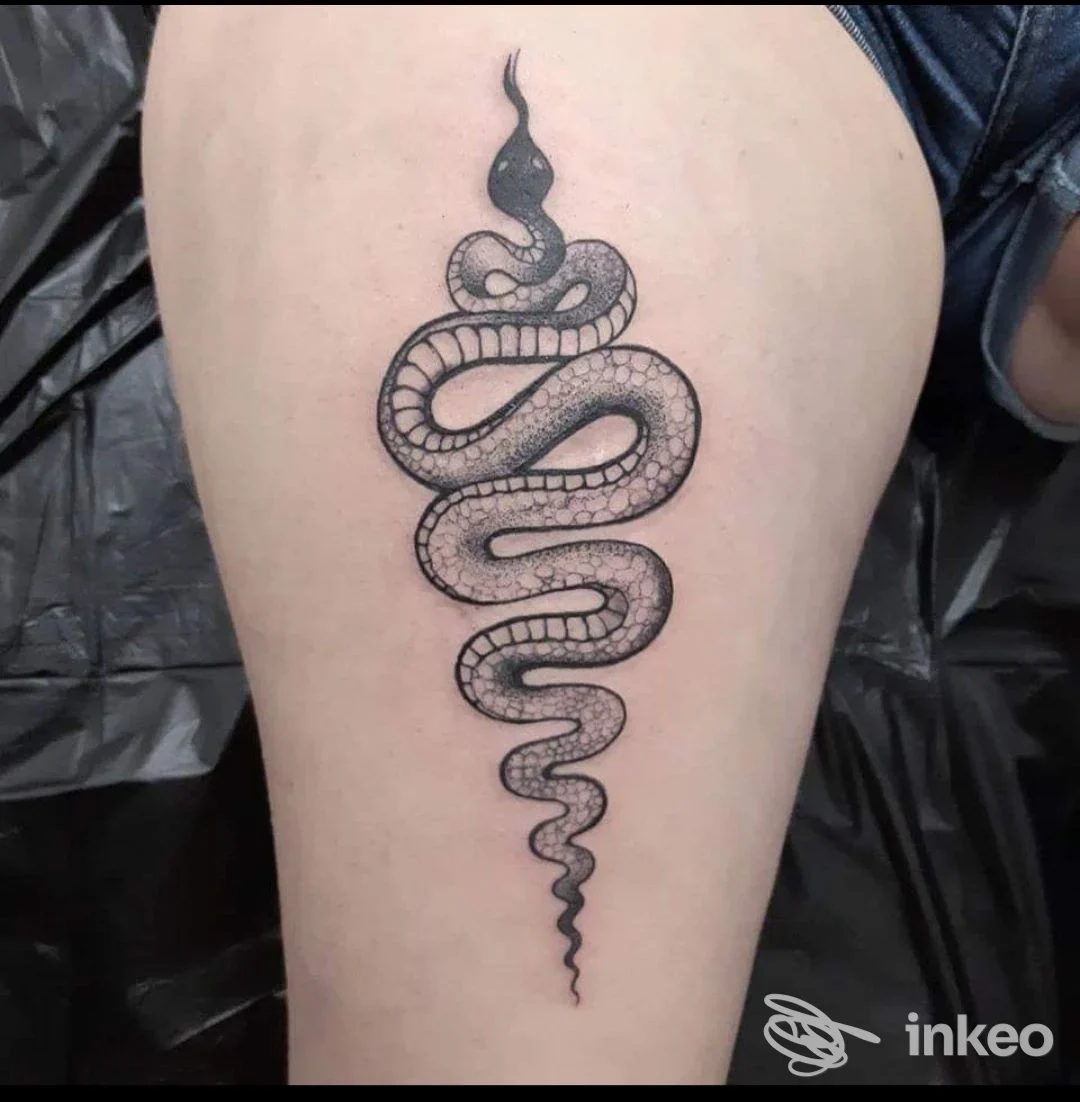 Tattoo su pelle di braccio raffigurante serpente a spirale, inchiostro nero su pelle chiara, dettagli di scaglie e contorni nitidi. Studio Inkology Tattoo & Art Lab, Salerno.