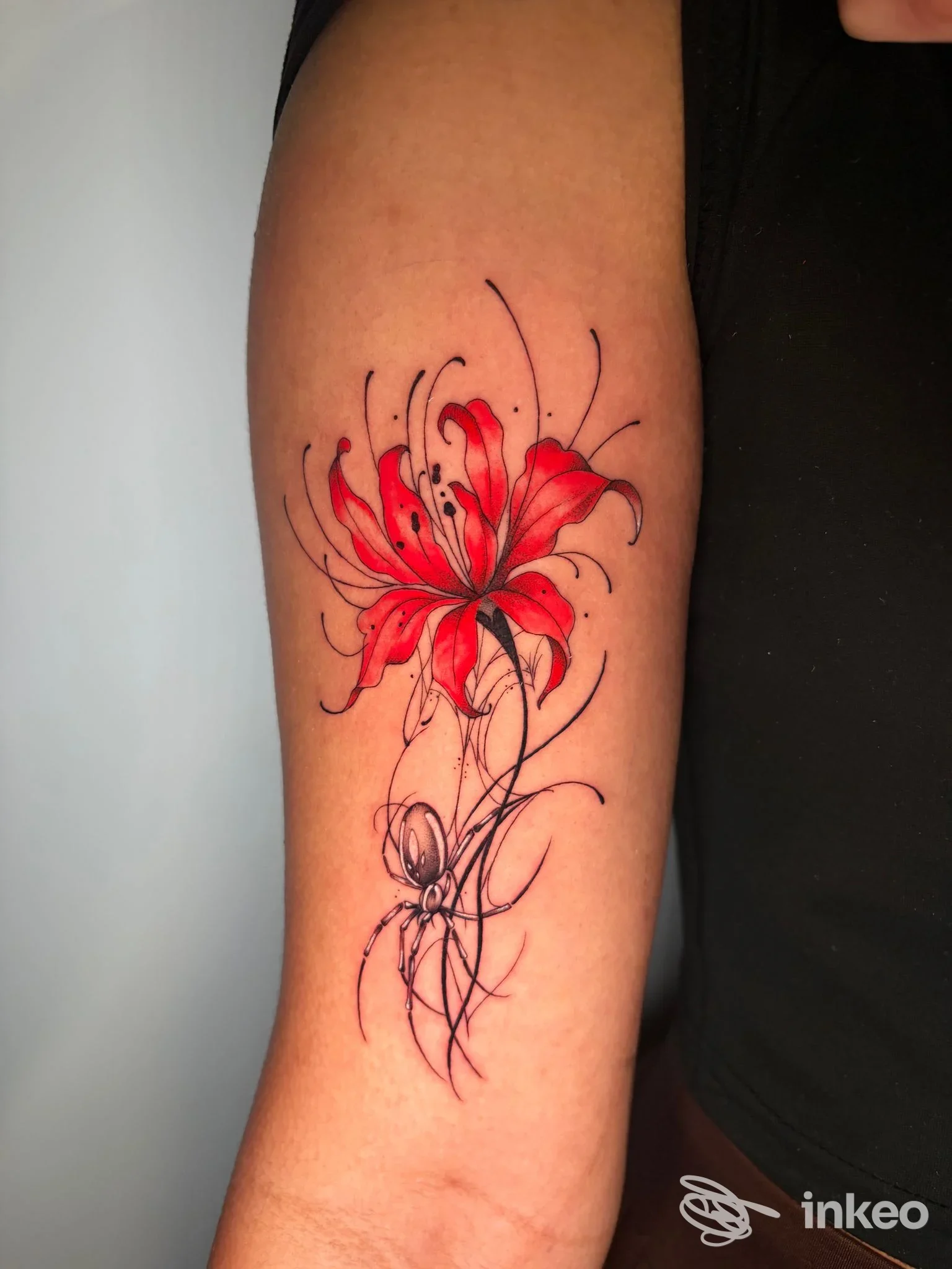 Tattoo sul braccio raffigurante un giglio rosso con linee nere fluide, stile watercolor/linework su pelle chiara.