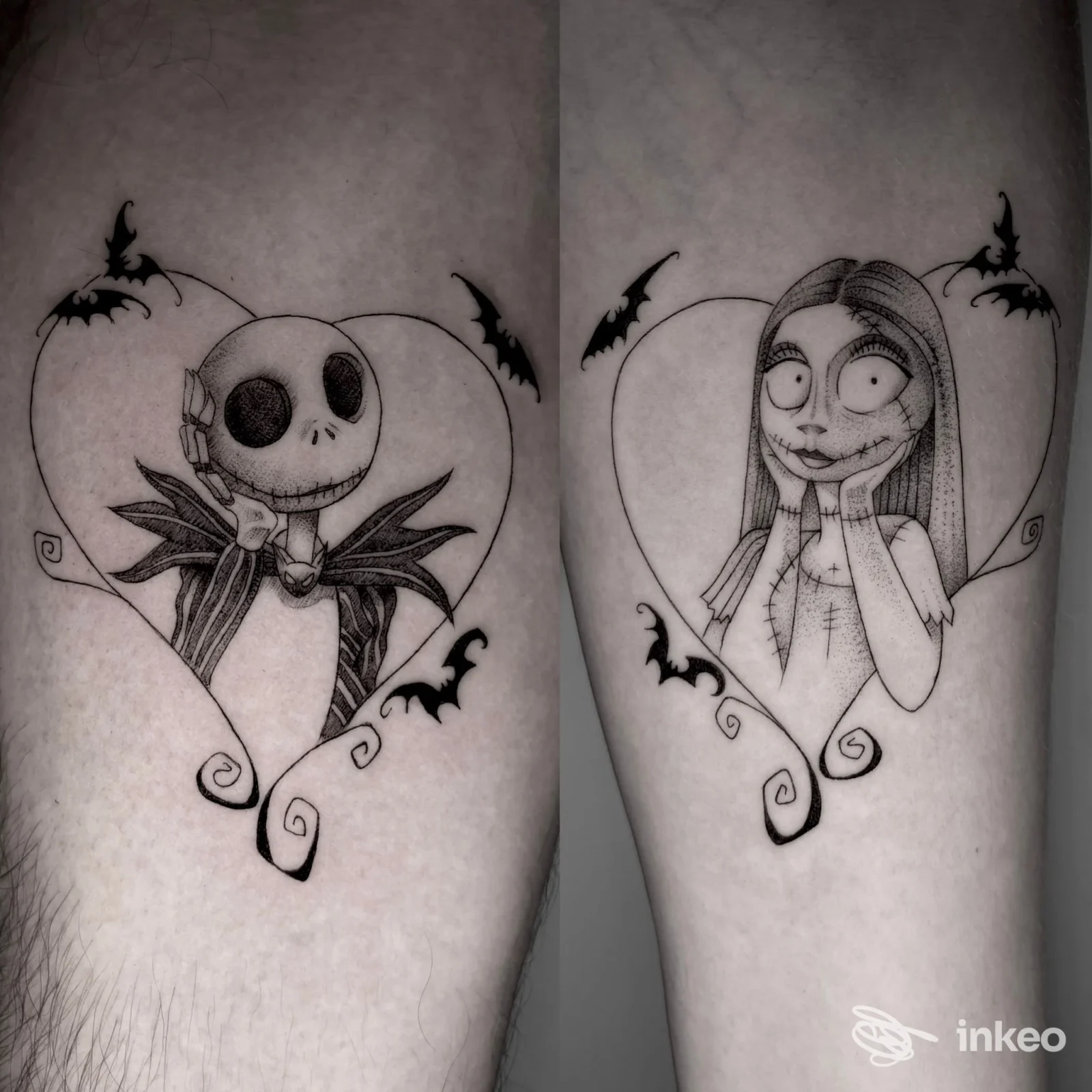 Due tatuaggi su braccio raffiguranti Jack Skellington e Sally all'interno di un cuore, con piccole ragnatele e pipistrelli, realizzati in stile linework su pelle, dentro lo stesso braccio; studio Moko Tattoo Lab, Quarto.