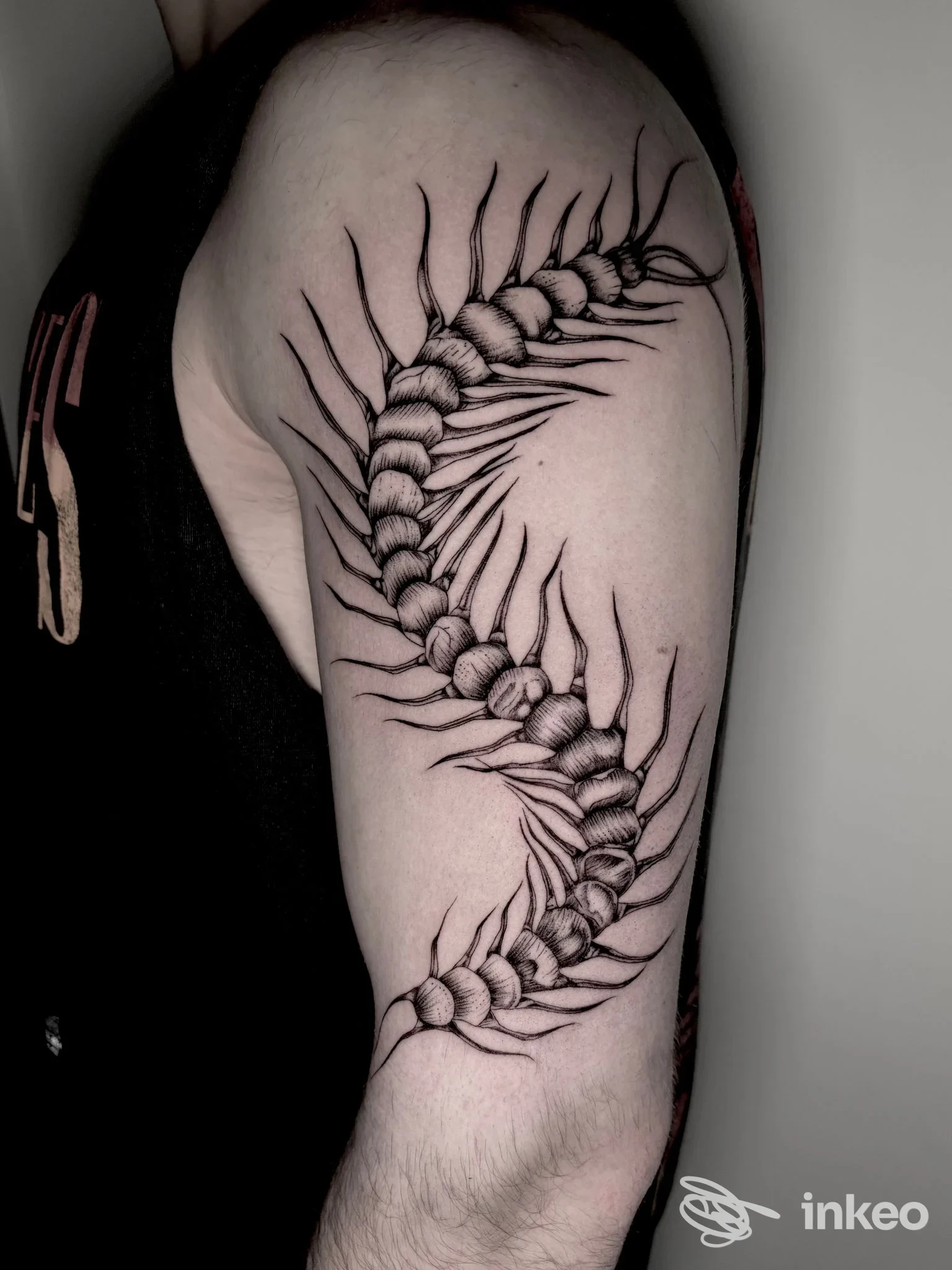 Tatuaggio in bianco e nero lungo il braccio, raffigurante una spina dorsale o una catena di elementi appuntiti che corre lungo l’omero.
