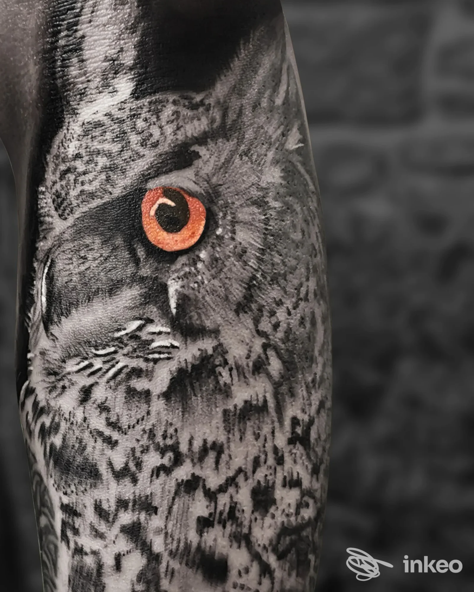 Tatuaggio realistico di gufo su braccio, realizzato in tonalità di nero e grigio con occhio arancione vivido, sul braccio sinistro, sfondo sfumato.