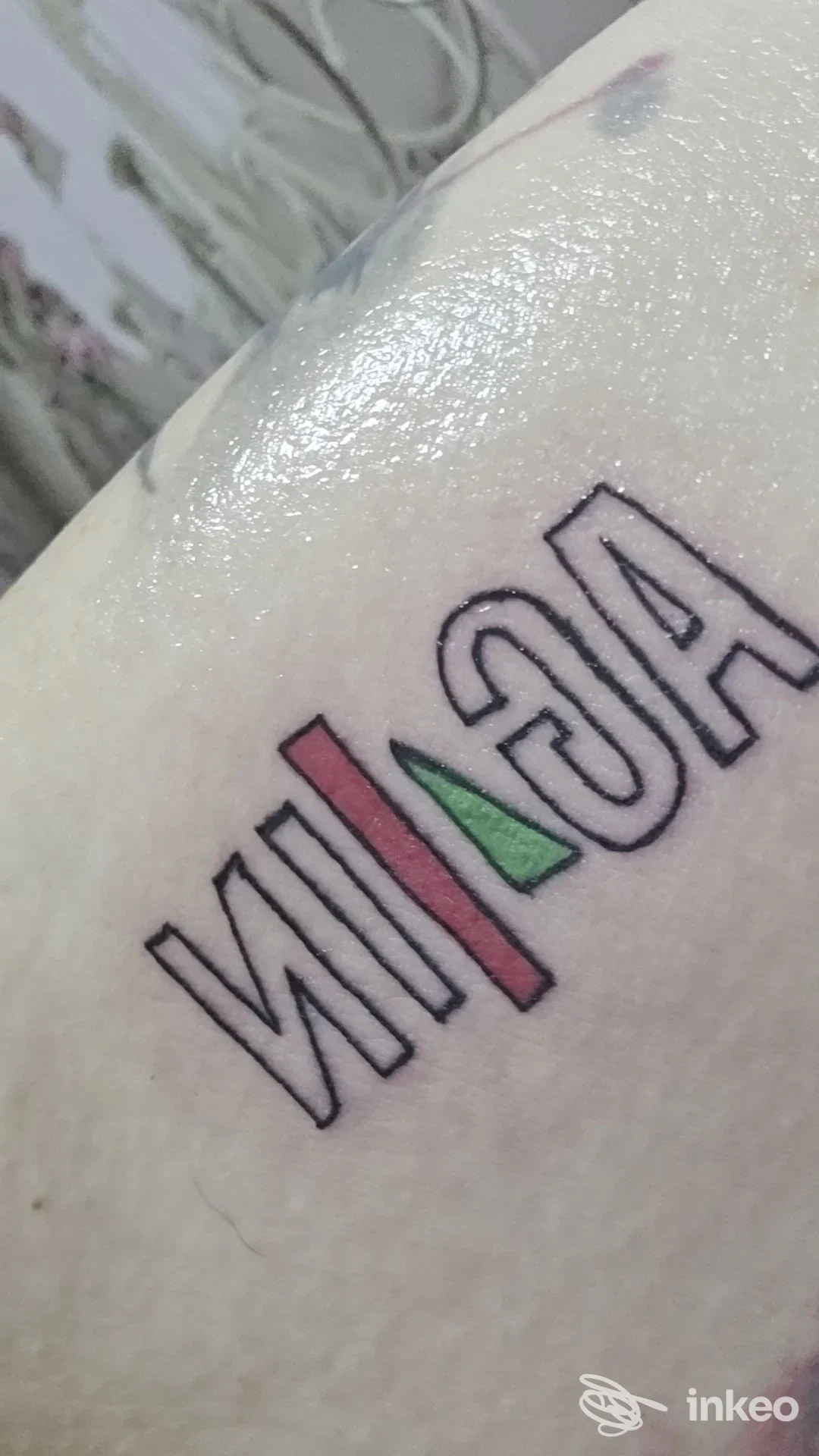 Tattoo su pelle realizzato da Giuseppe Sforza Tattoo Studio a Roccapiemonte, testo stilizzato con colori nero, rosso e verde, senza volto visibile.