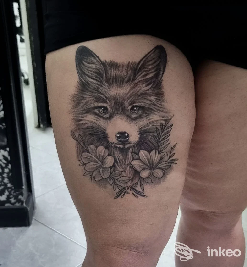 Tattoo su coscia raffigurante una volpe con fiori, realizzata con linee sottili in bianco e nero.