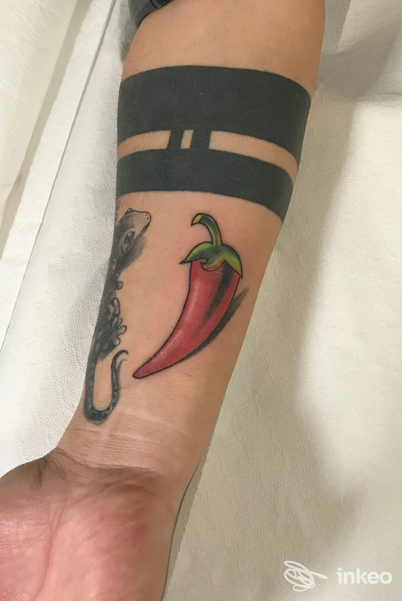 Tattoo sul braccio raffigurante peperoncino rosso con foglia verde, accompagnato da ingenti elementi scuri sul lato, eseguito da Black Tatanka Tattoo a Serre.