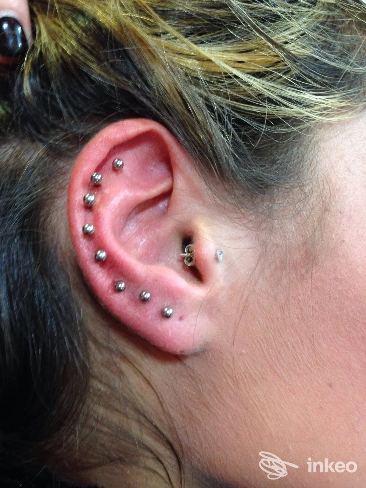 Piercing multiplo sull'orecchio: conchiglia, anti-helix e lobuli con elementi metallici, nessun overlay visibile né testo promozionale.
