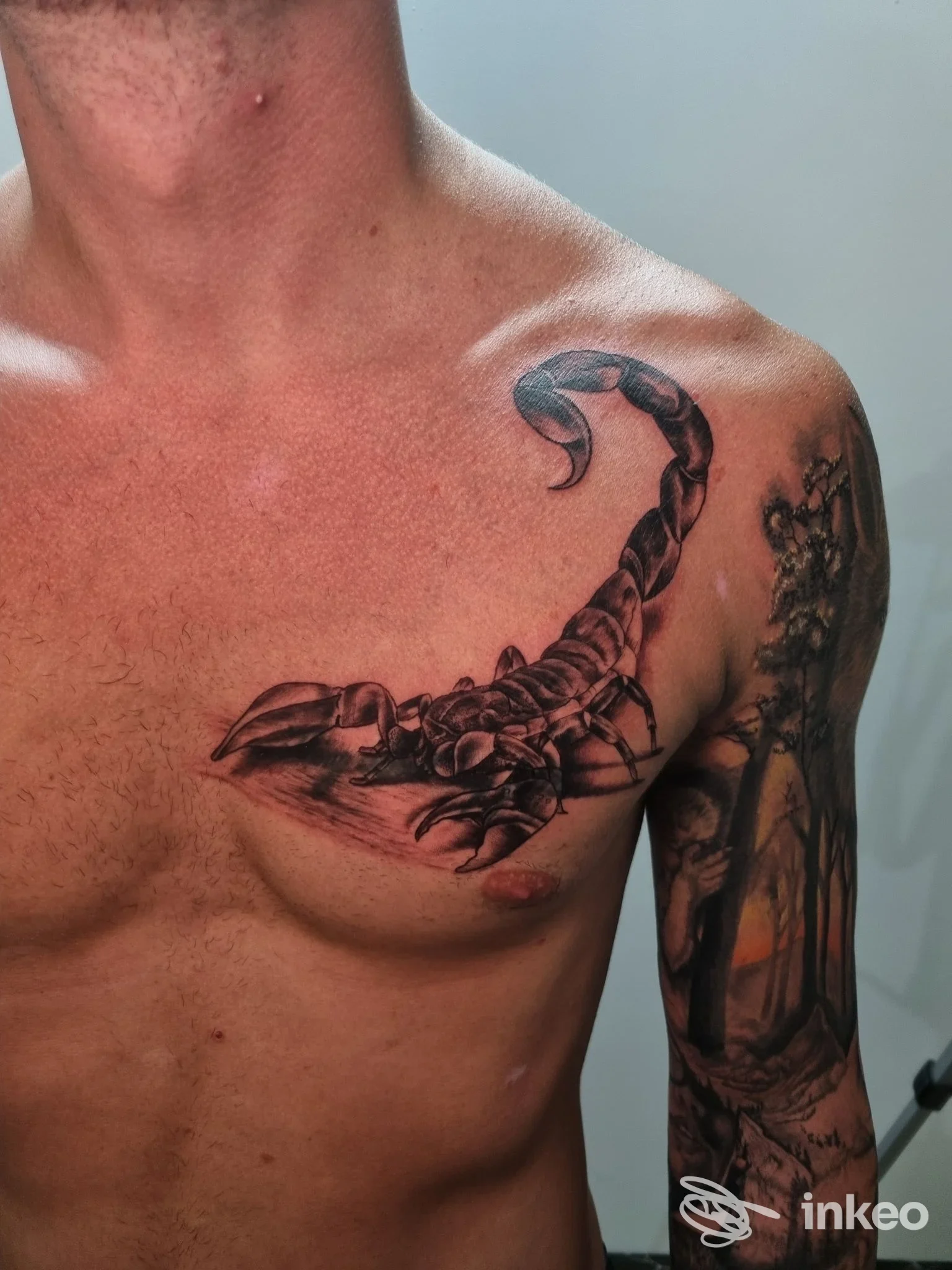 Particolare tatuaggio realistico di scorpione lungo il petto e l’attaccatura del braccio sinistro di un uomo, con dettagli scuri e contrasti marcati.