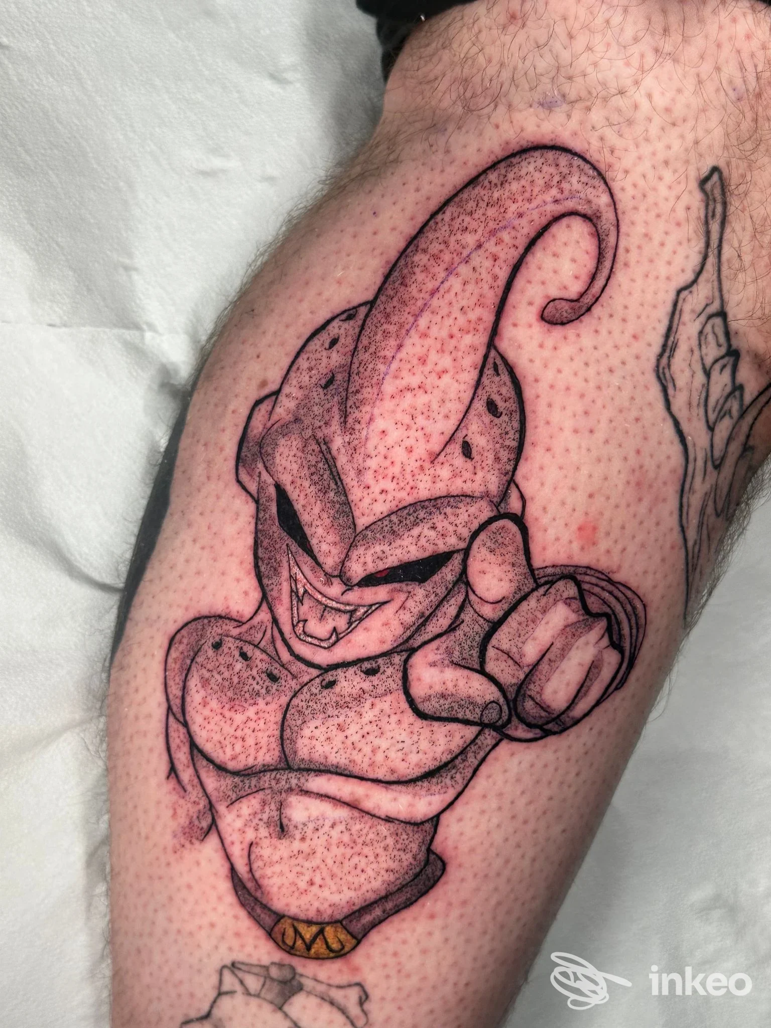 Tatuaggio su pelle raffigurante una creatura stilizzata con contorni neri e riempimenti rosa, eseguito dal Shameless Tattoo Studio a Lioni.