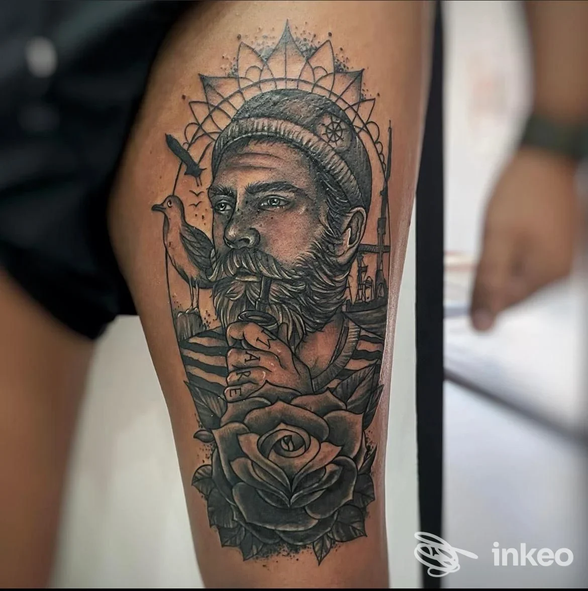 Tatuaggio sul braccio raffigurante un uomo anziano con barba, ornamenti e una rosa in primo piano, eseguito in stile realistico in bianco e nero, lavoro eseguito presso Black Poison a Nocera Superiore.