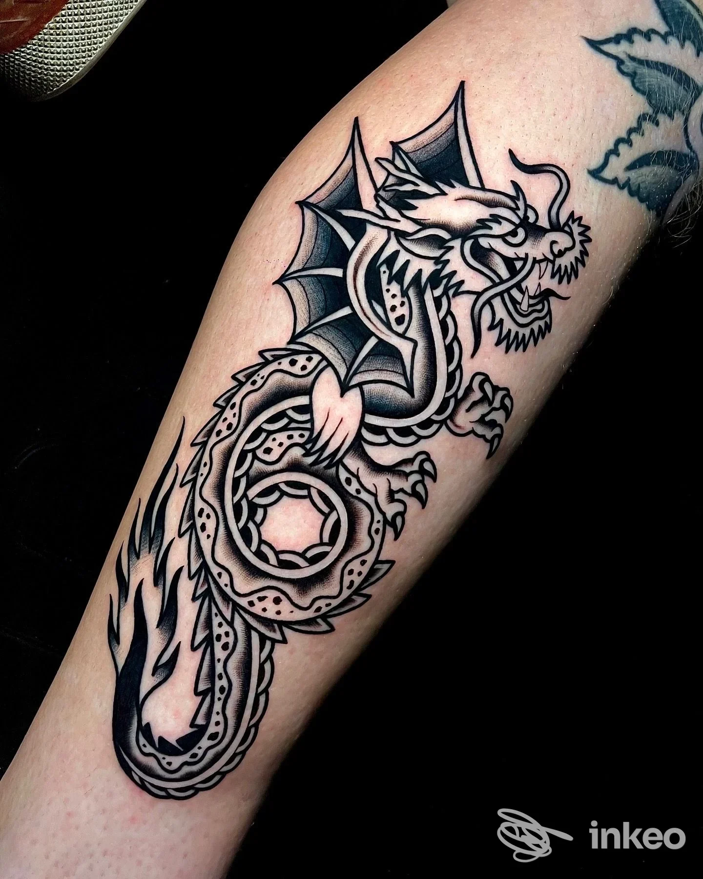Tattoo dragonico in stile tradizionale su avambraccio, linee nette in nero e riempimenti, con dettagli di squame e ali. la pelle è visibile, nessun volto presente.