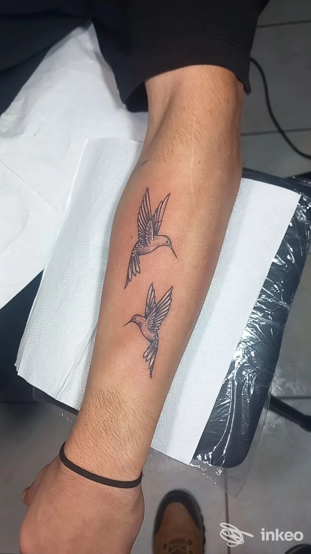 Due braccialetto di due rondini tatuate sulla pelle del polso, visibili su sfondo chiaro, senza mascheramento del volto né elementi di social media.