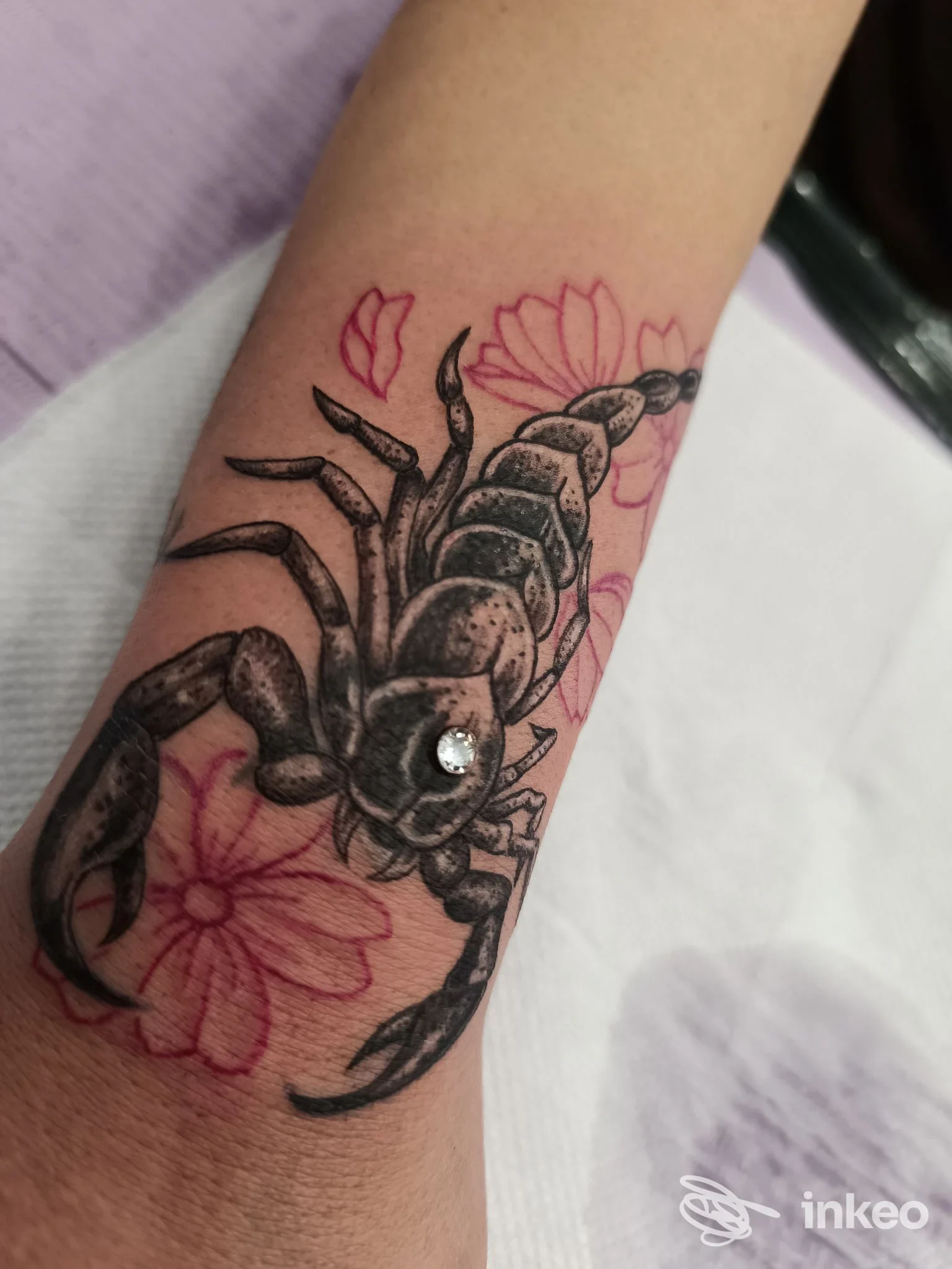 Tattoo realistico di uno scorpione nero con dettagli e sfondo di fiori rosa su avambraccio, realizzato dal studio Purple Art Personal a Battipaglia.