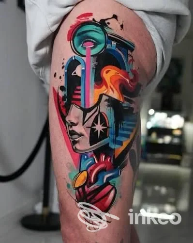 Tattoo a colori su gamba, stile astratto e geometrico con figure fluide e linee nere, realizzato nello studio Encre Tattoo a Napoli.